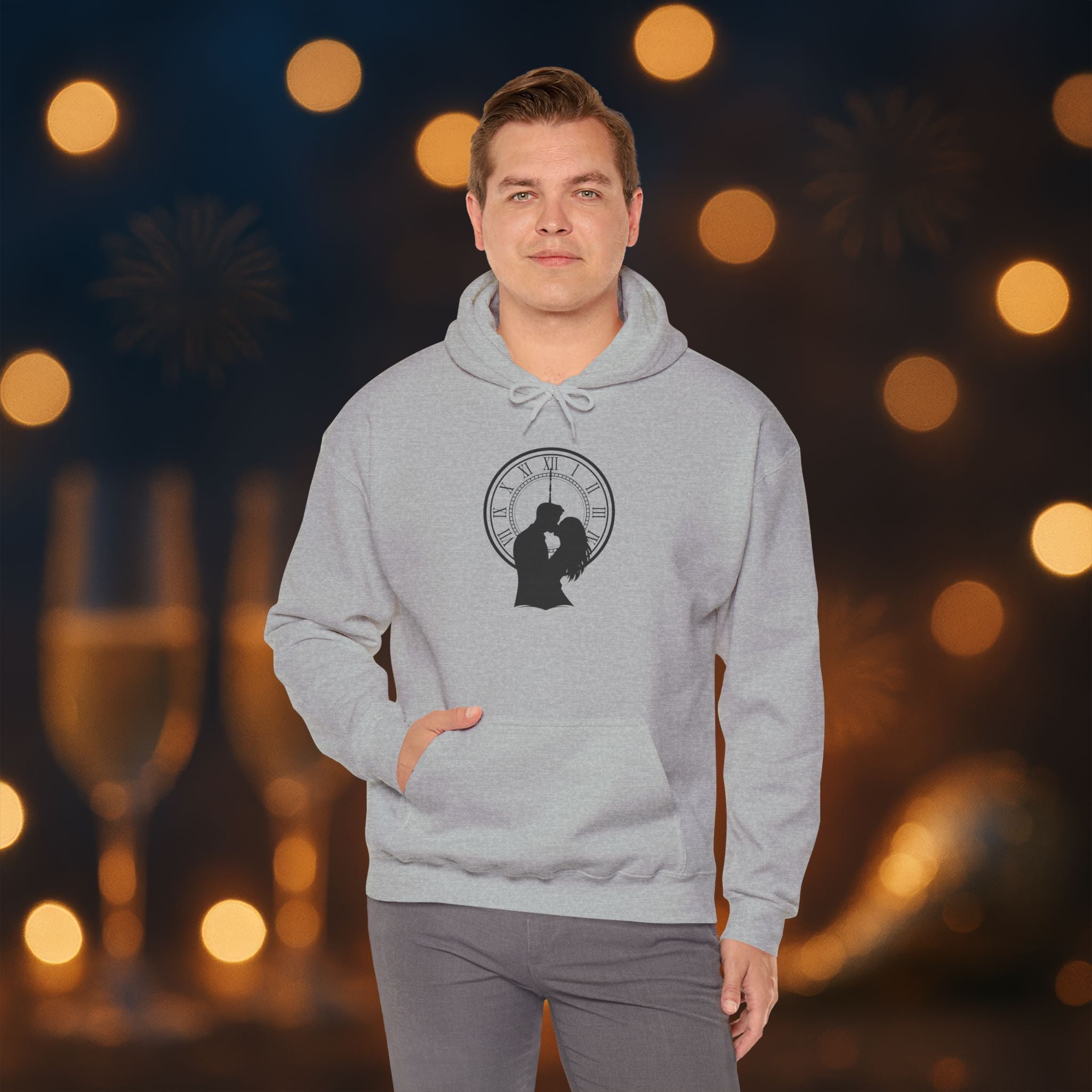 Midnight Kiss New Year’s Eve Hoodie – Romantic Clock Silhouette Pullover