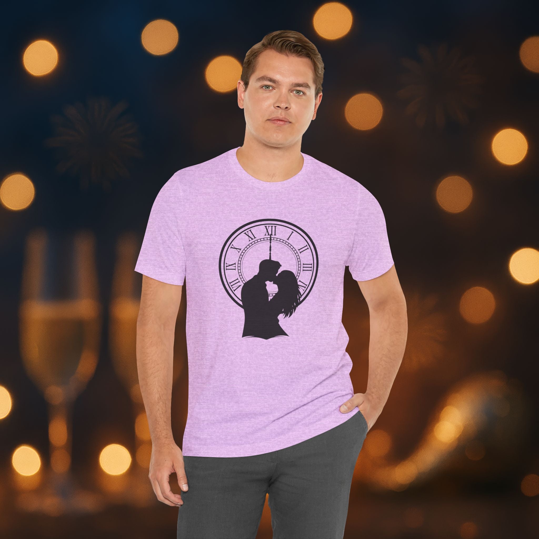 Midnight Kiss New Year’s Eve T-Shirt – Romantic Clock Silhouette Celebration Tee