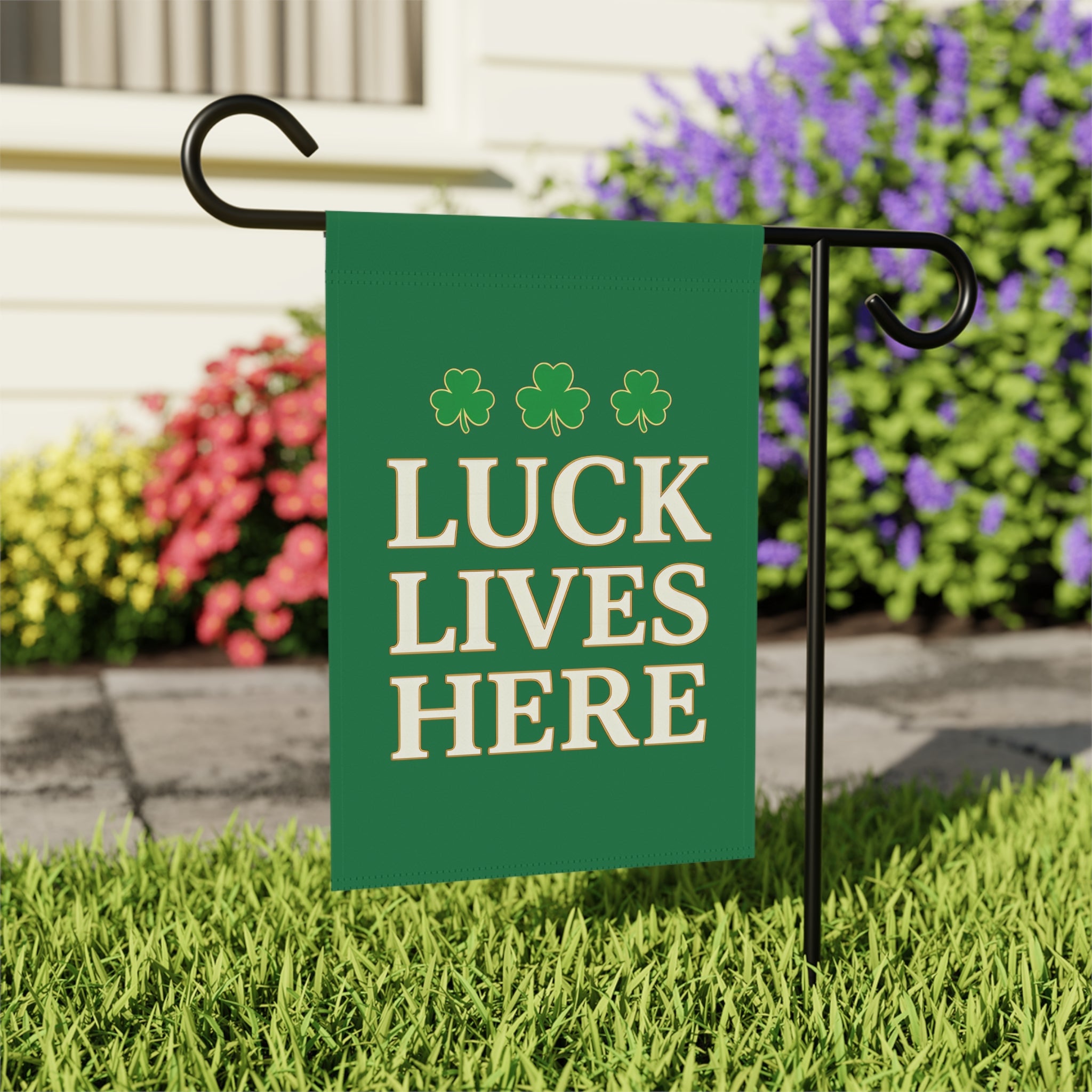 Luck Lives Here Garden Flag – St. Patrick’s Day Shamrock Yard Decor – Irish Holiday Outdoor House Flag