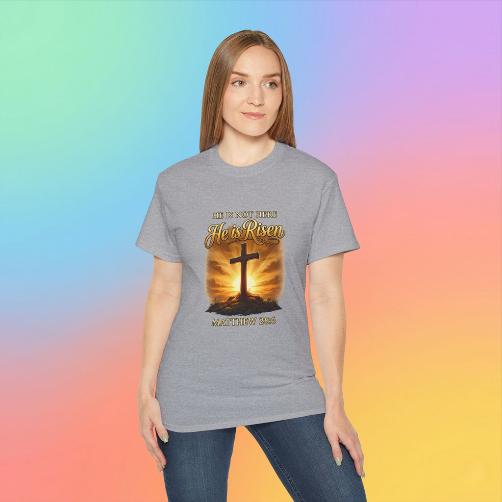 Christian Easter Shirt – He Is Risen Matthew 28:6 Cross Resurrection T-Shirt Faith-Based Easter Apparel