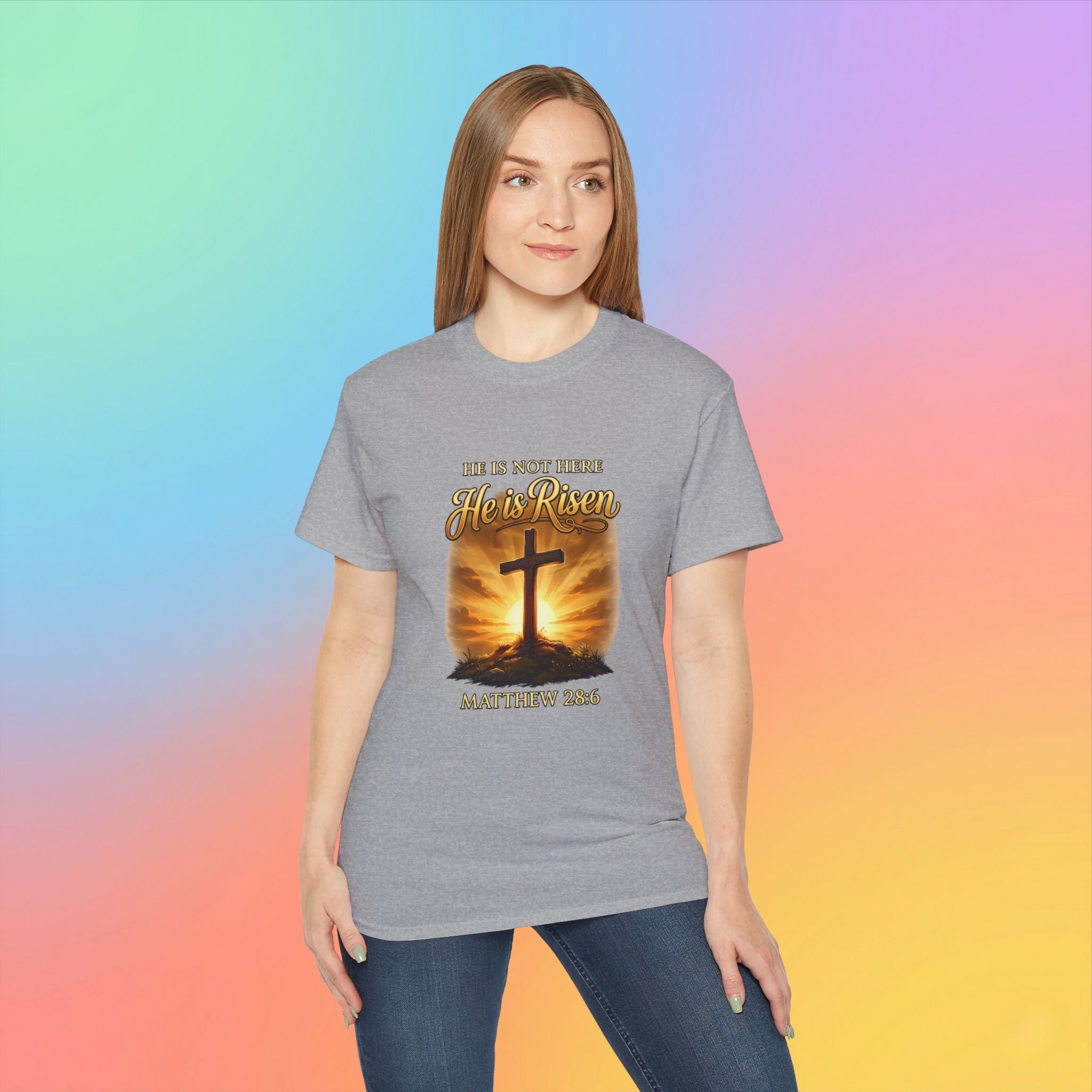 Christian Easter Shirt – He Is Risen Matthew 28:6 Cross Resurrection T-Shirt Faith-Based Easter Apparel