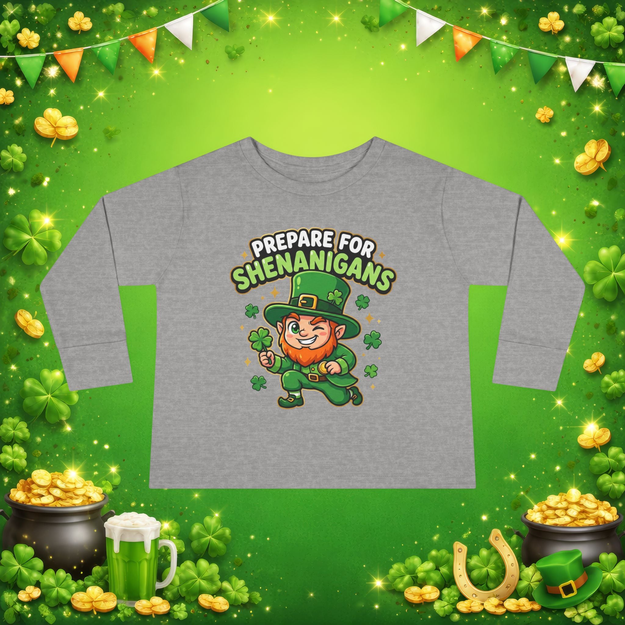 Prepare For Shenanigans Toddler Long Sleeve Shirt – Funny St. Patrick’s Day Leprechaun Tee for Kids
