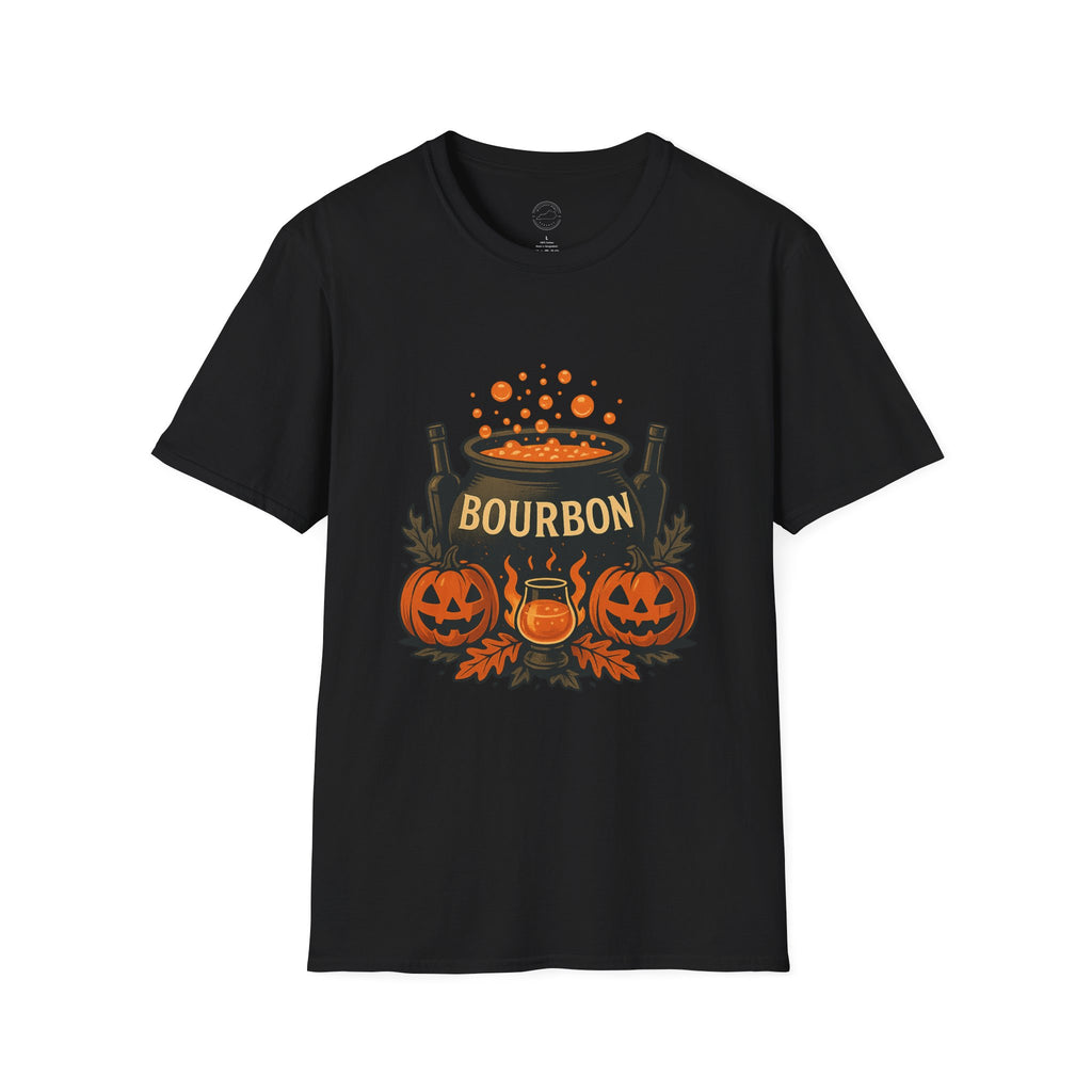 Halloween Bourbon Cauldron T-Shirt – Spooky Pumpkin & Whiskey Glass Design