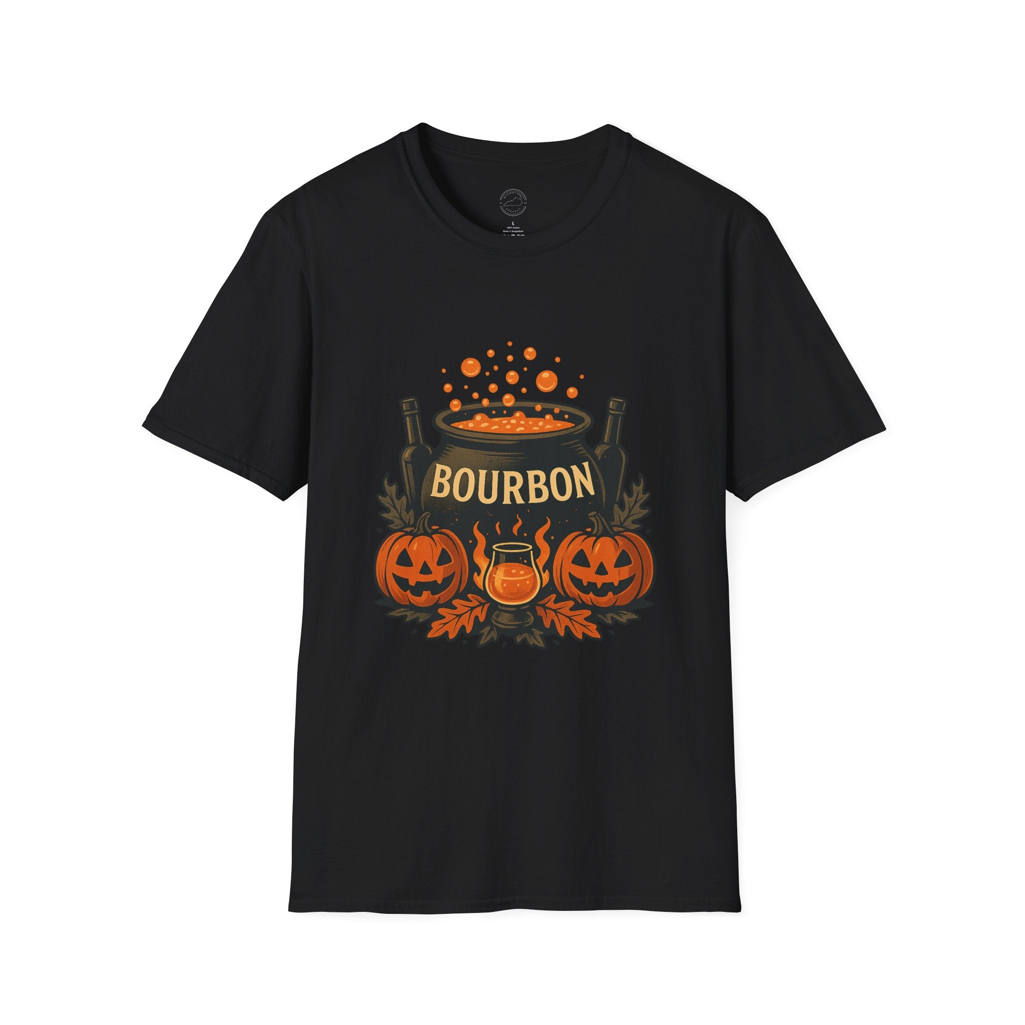 Halloween Bourbon Cauldron T-Shirt – Spooky Pumpkin & Whiskey Glass Design