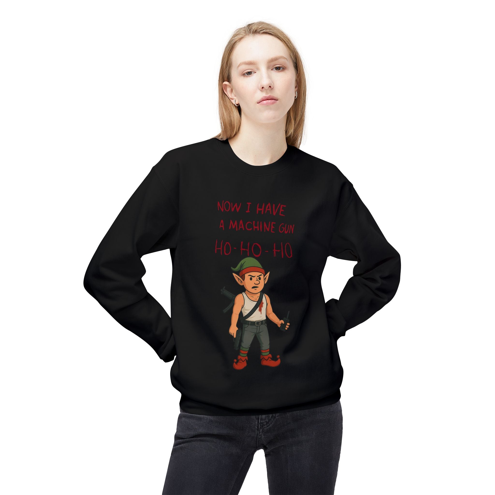 "Ho Ho Ho Machine Gun Elf Christmas Sweatshirt – Funny Die Hard Inspired Holiday Design"