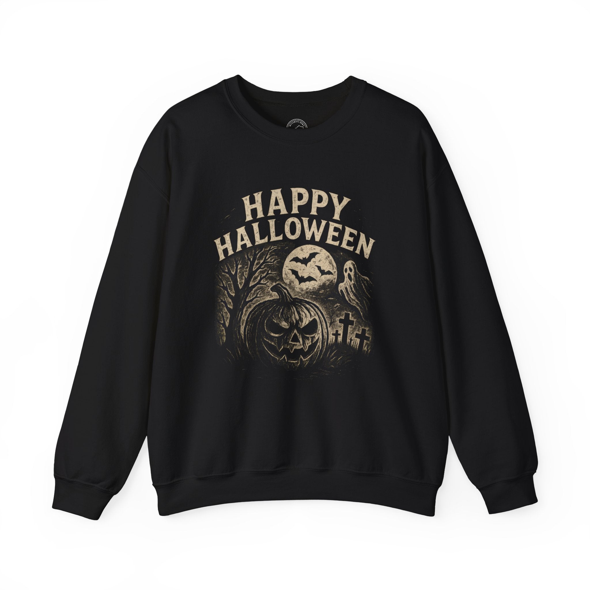 Vintage Happy Halloween Sweatshirt – Spooky Pumpkin, Ghost & Bat Design