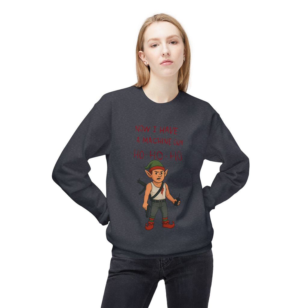 "Ho Ho Ho Machine Gun Elf Christmas Sweatshirt – Funny Die Hard Inspired Holiday Design"