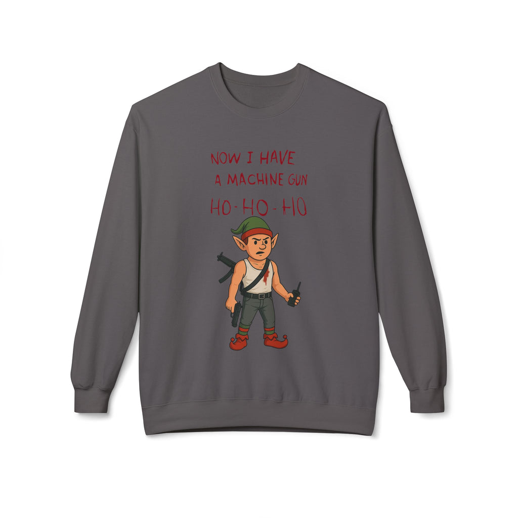 "Ho Ho Ho Machine Gun Elf Christmas Sweatshirt – Funny Die Hard Inspired Holiday Design"