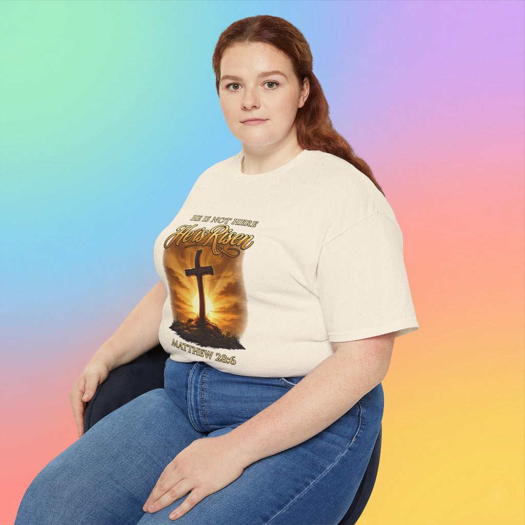 Christian Easter Shirt – He Is Risen Matthew 28:6 Cross Resurrection T-Shirt Faith-Based Easter Apparel