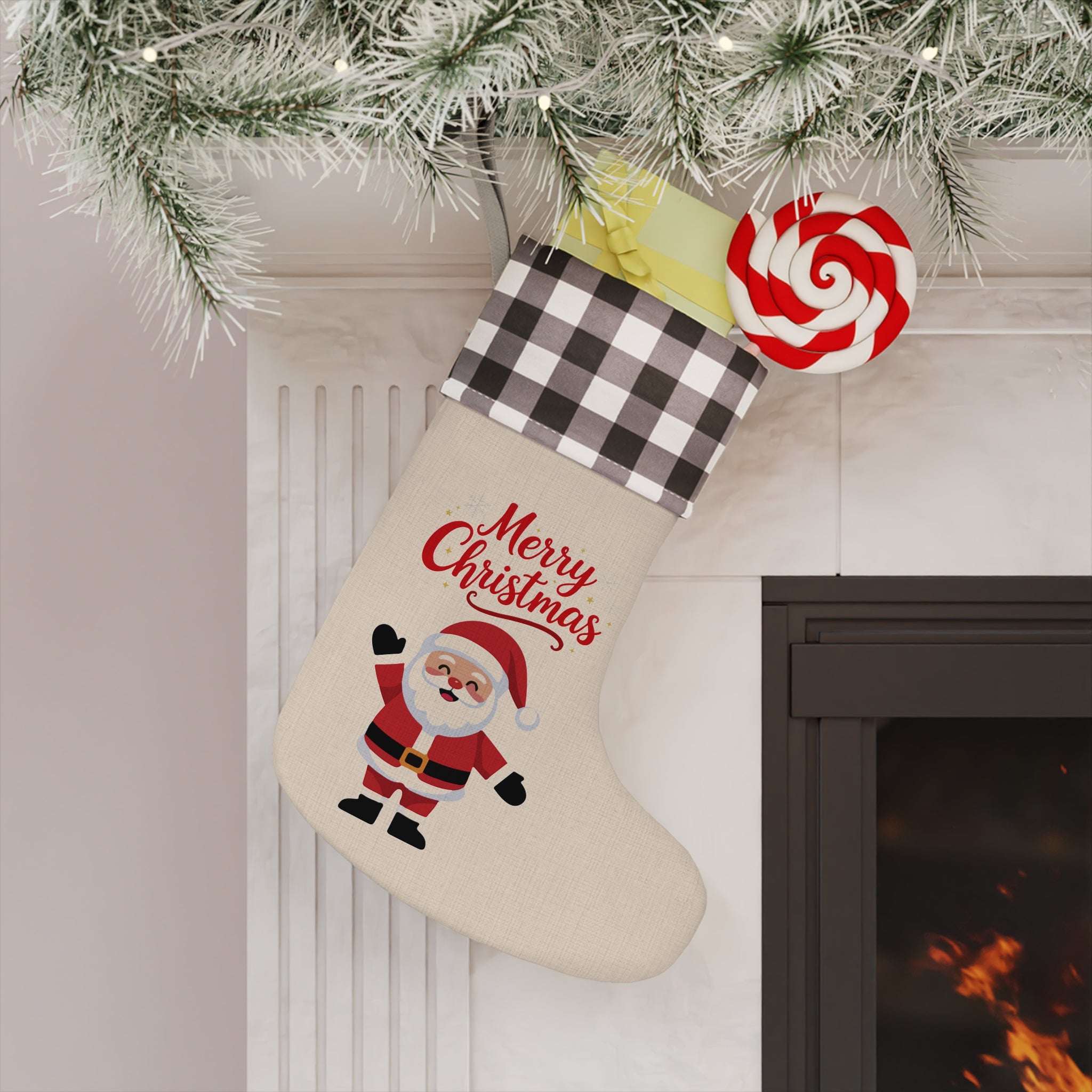 Buffalo Plaid “Merry Christmas” Santa Stocking – Festive Holiday Decor
