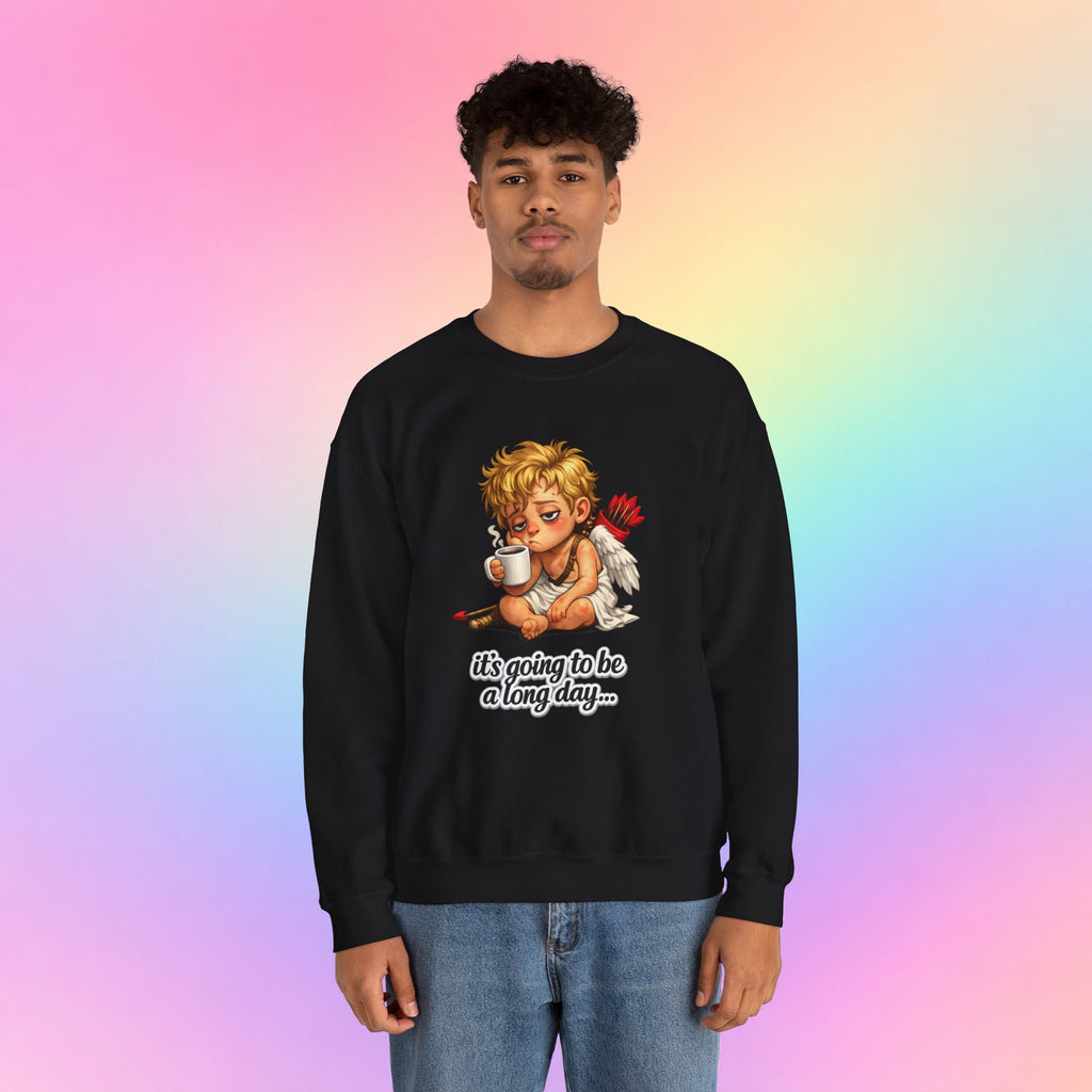 It’s Going to Be a Long Day Cupid Valentine’s Day Sweatshirt – Funny Coffee Angel Pullover