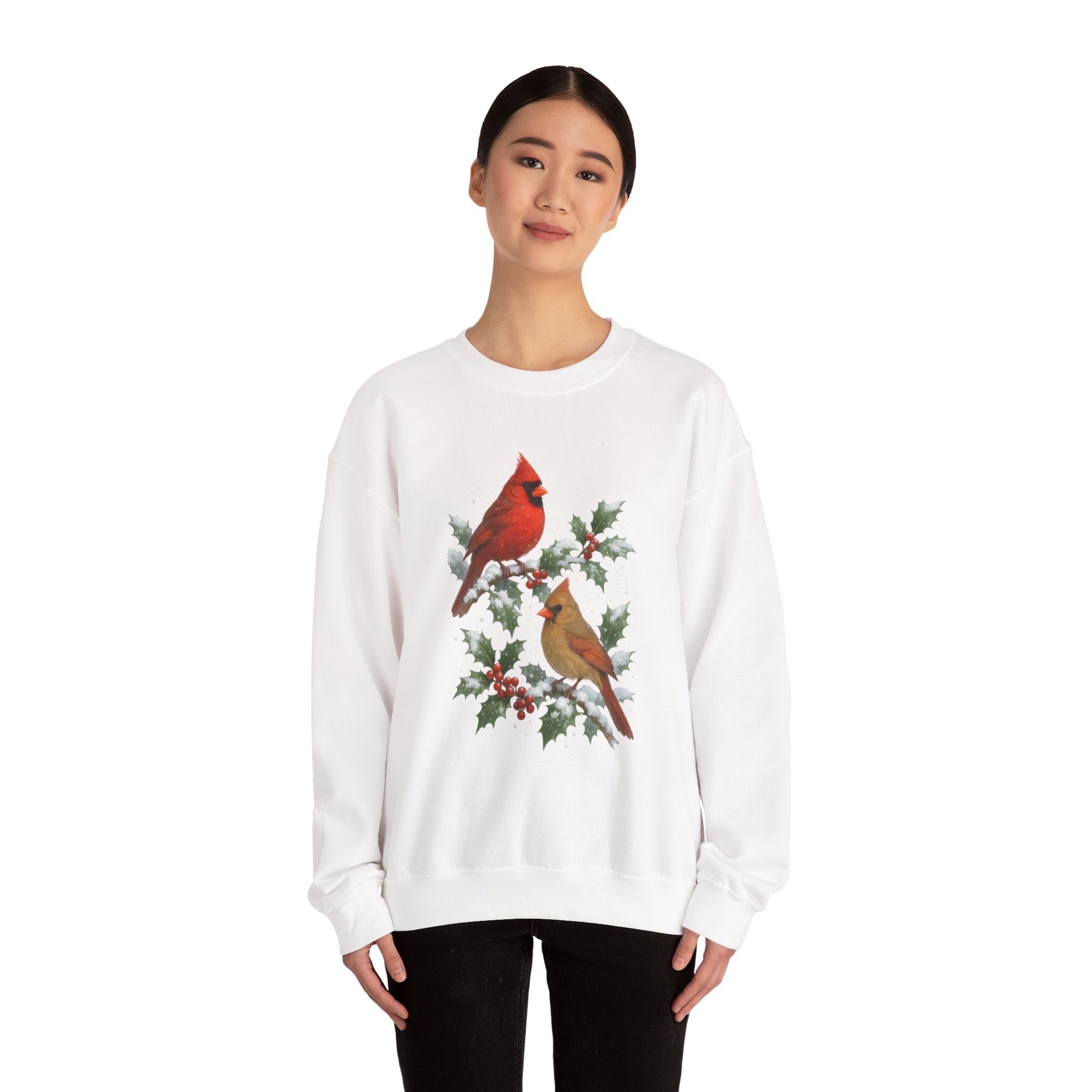 Winter Cardinals Christmas Sweatshirt – Cozy Holiday Birds on Holly Branches