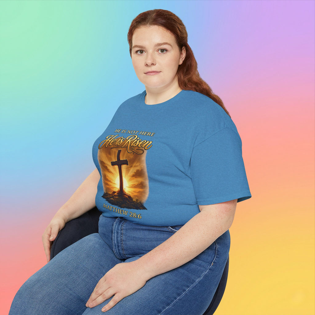 Christian Easter Shirt – He Is Risen Matthew 28:6 Cross Resurrection T-Shirt Faith-Based Easter Apparel