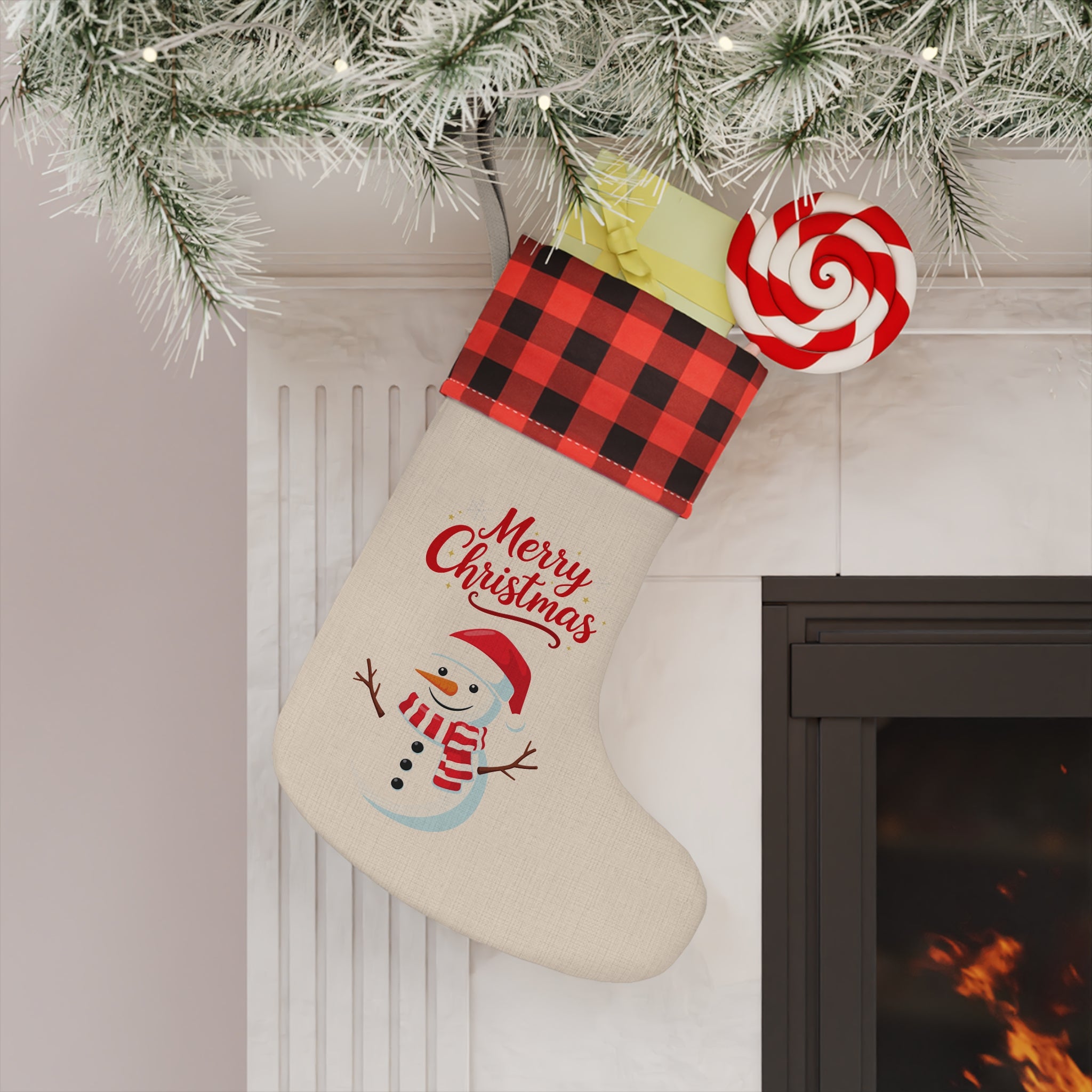 Buffalo Plaid “Merry Christmas” Snowman Stocking – Cute Holiday Decor