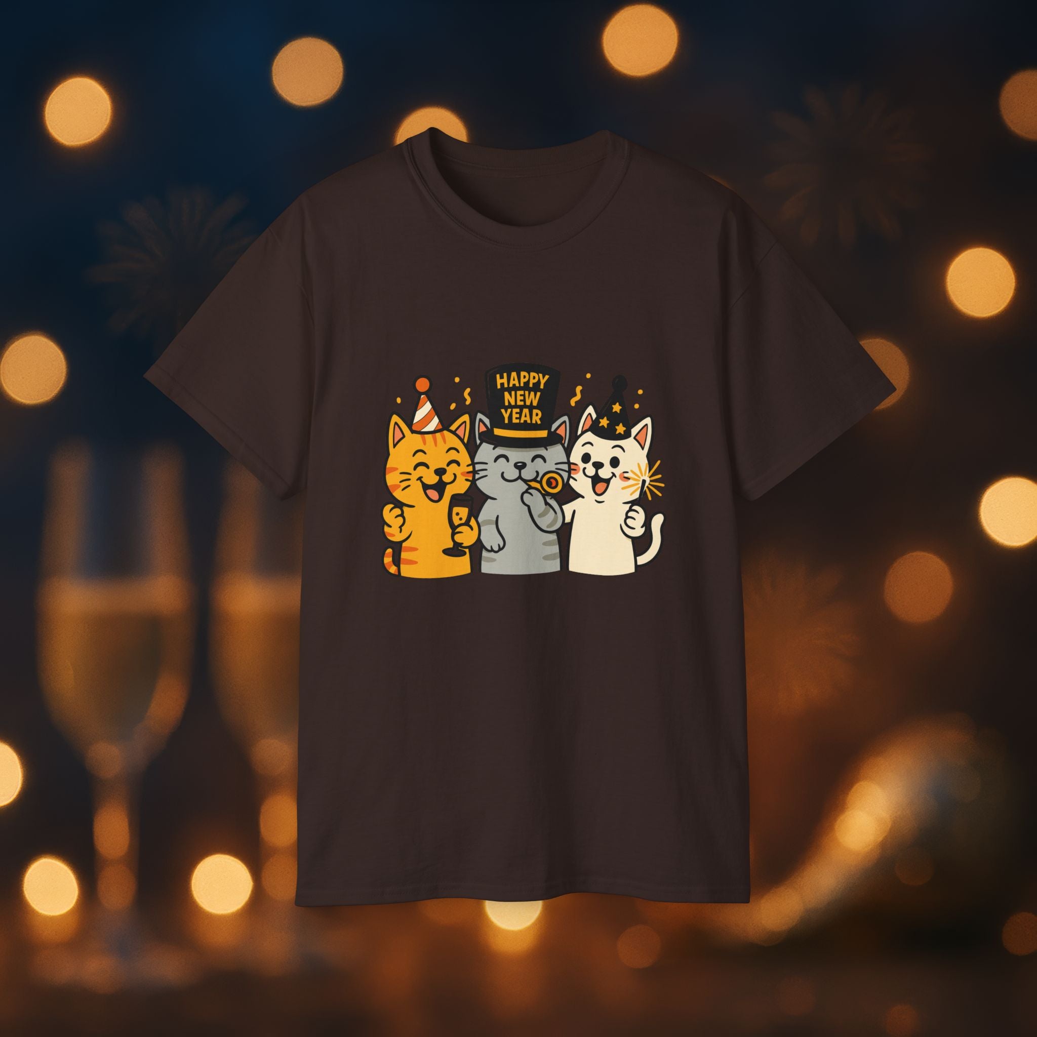 Happy New Year Cats T-Shirt – Cute Party Cats Tee | New Year’s Eve Cat Lover Shirt