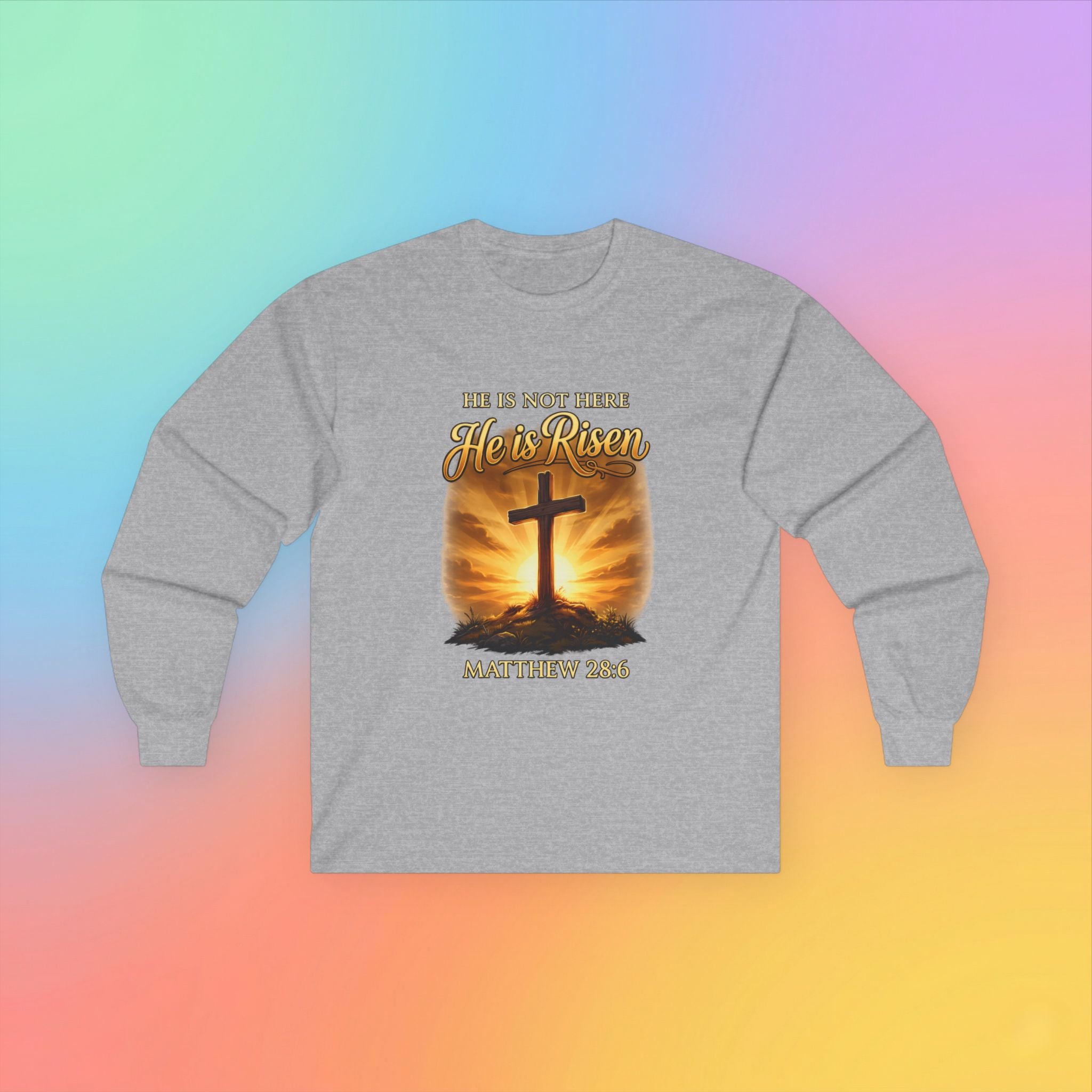 He Is Risen Long Sleeve Tee – Matthew 28:6 Christian Easter Shirt Religious Cross Resurrection Spring Faith Apparel