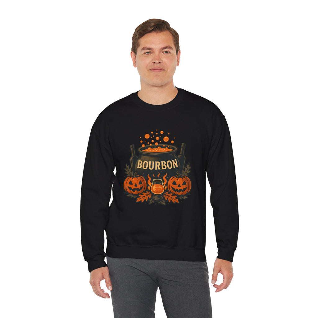 Halloween Bourbon Cauldron Sweatshirt – Spooky Pumpkin & Whiskey Glass Design