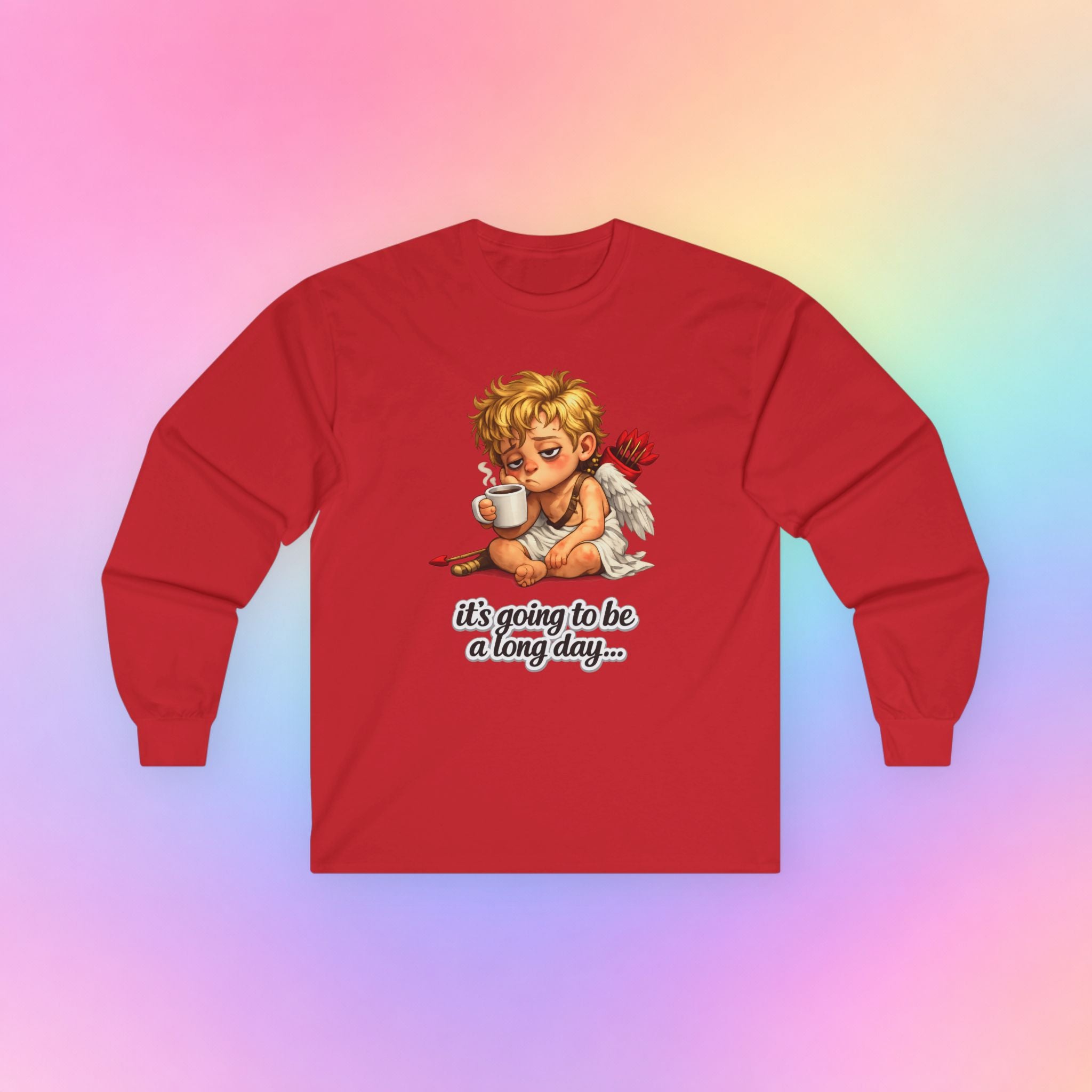 It’s Going to Be a Long Day Cupid Long Sleeve Shirt – Funny Valentine’s Day Coffee Angel Tee