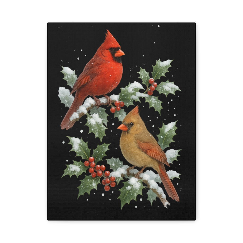 Winter Cardinals Canvas Print – Red & Gold Cardinals on Holly Branches