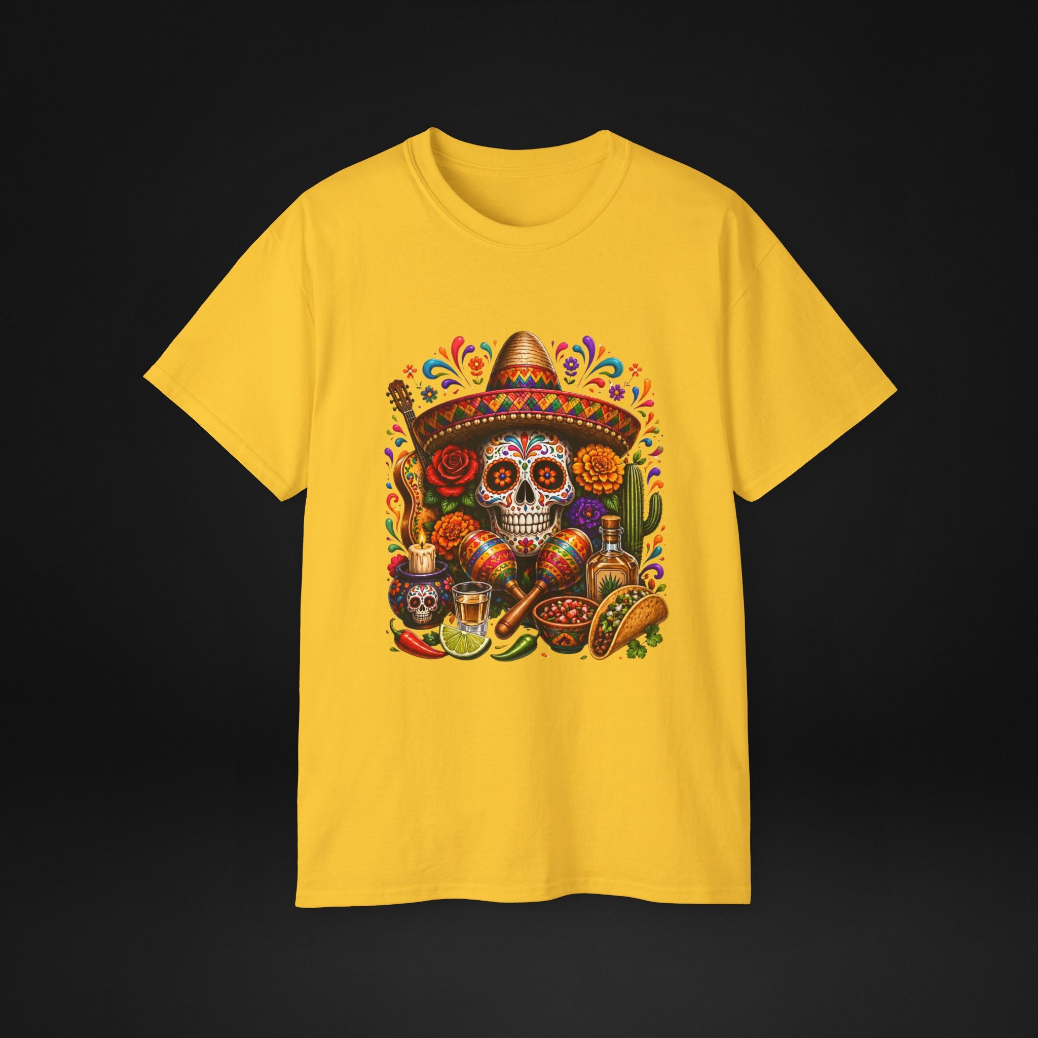 Cinco de Mayo Sugar Skull T-Shirt – Fiesta Sombrero Taco & Tequila Graphic Tee
