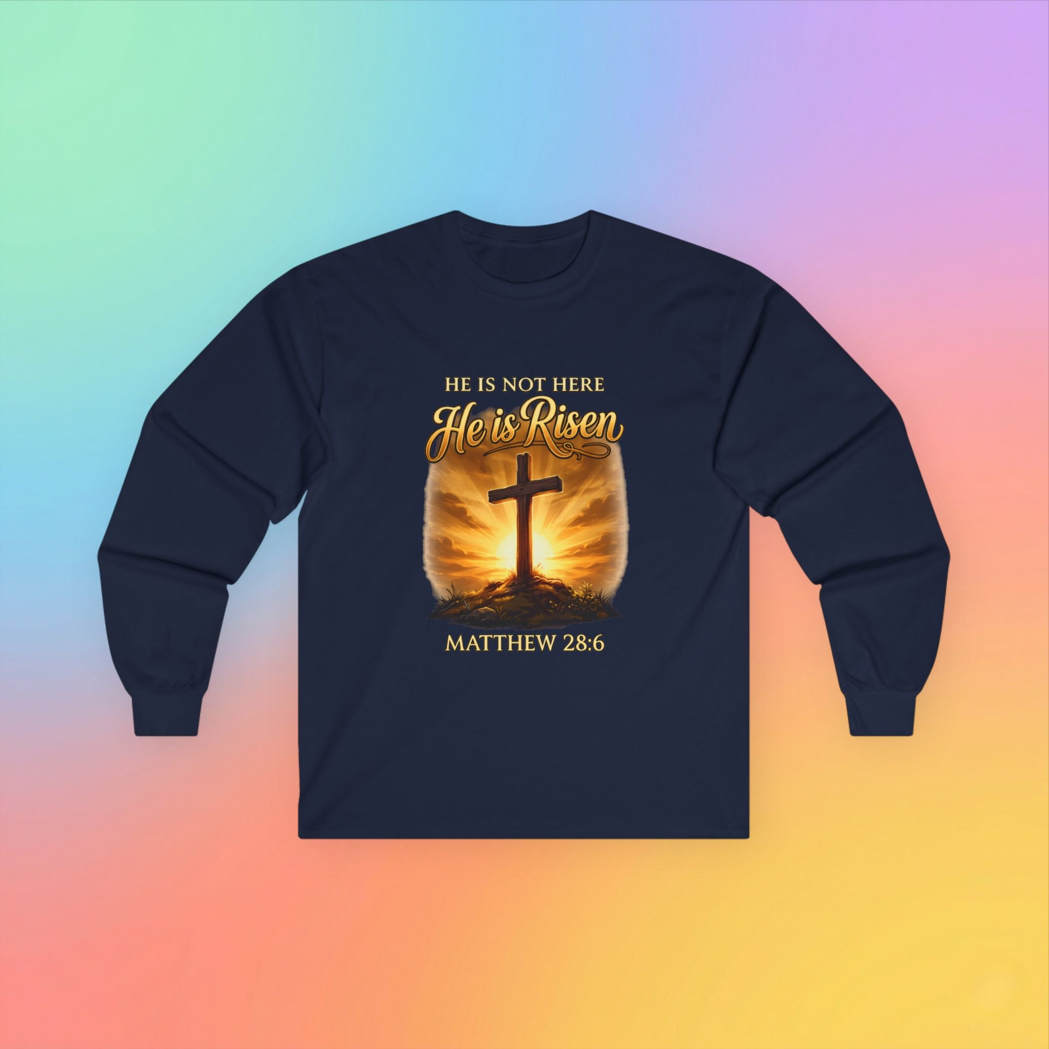 He Is Risen Long Sleeve Tee – Matthew 28:6 Christian Easter Shirt Religious Cross Resurrection Spring Faith Apparel
