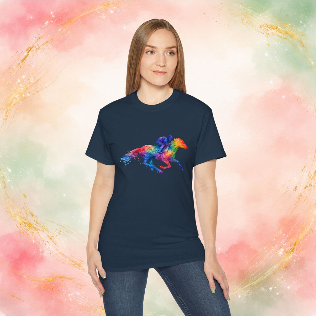Kentucky Derby Watercolor Horse & Jockey T-Shirt | Colorful Race Day Graphic Tee