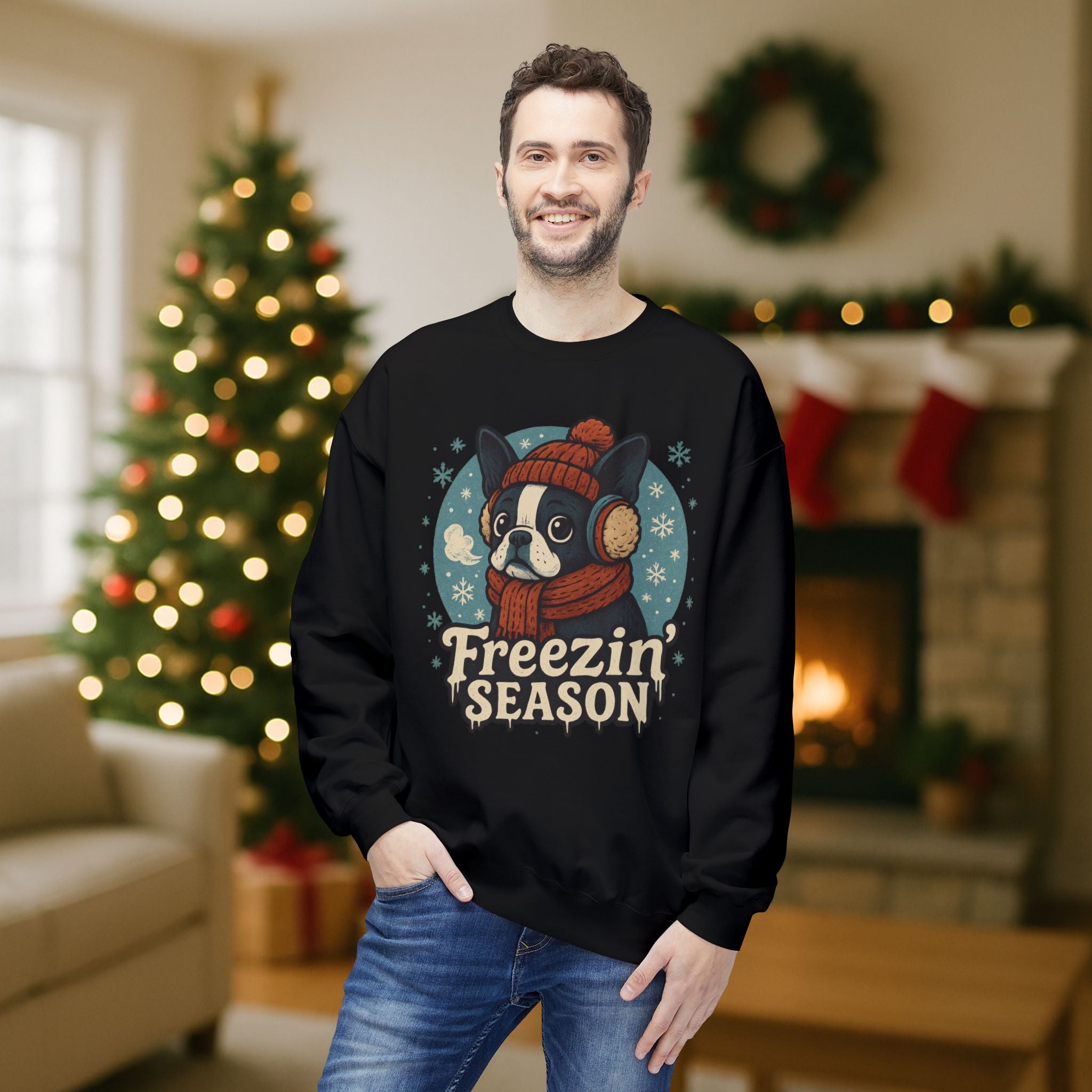 Winter “Freezin’ Season” Boston Terrier Sweatshirt – Cozy Holiday Dog Lover Pullover