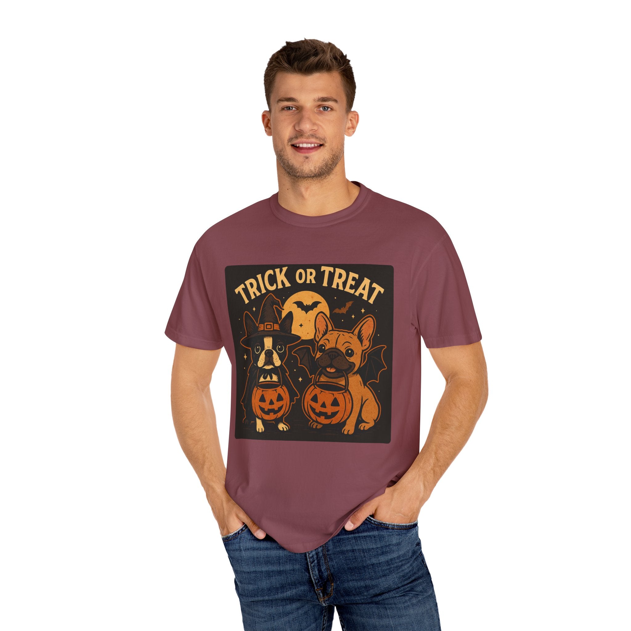 Trick or Treat Boston Terrier & Frenchie Halloween Shirt (Adult Unisex)