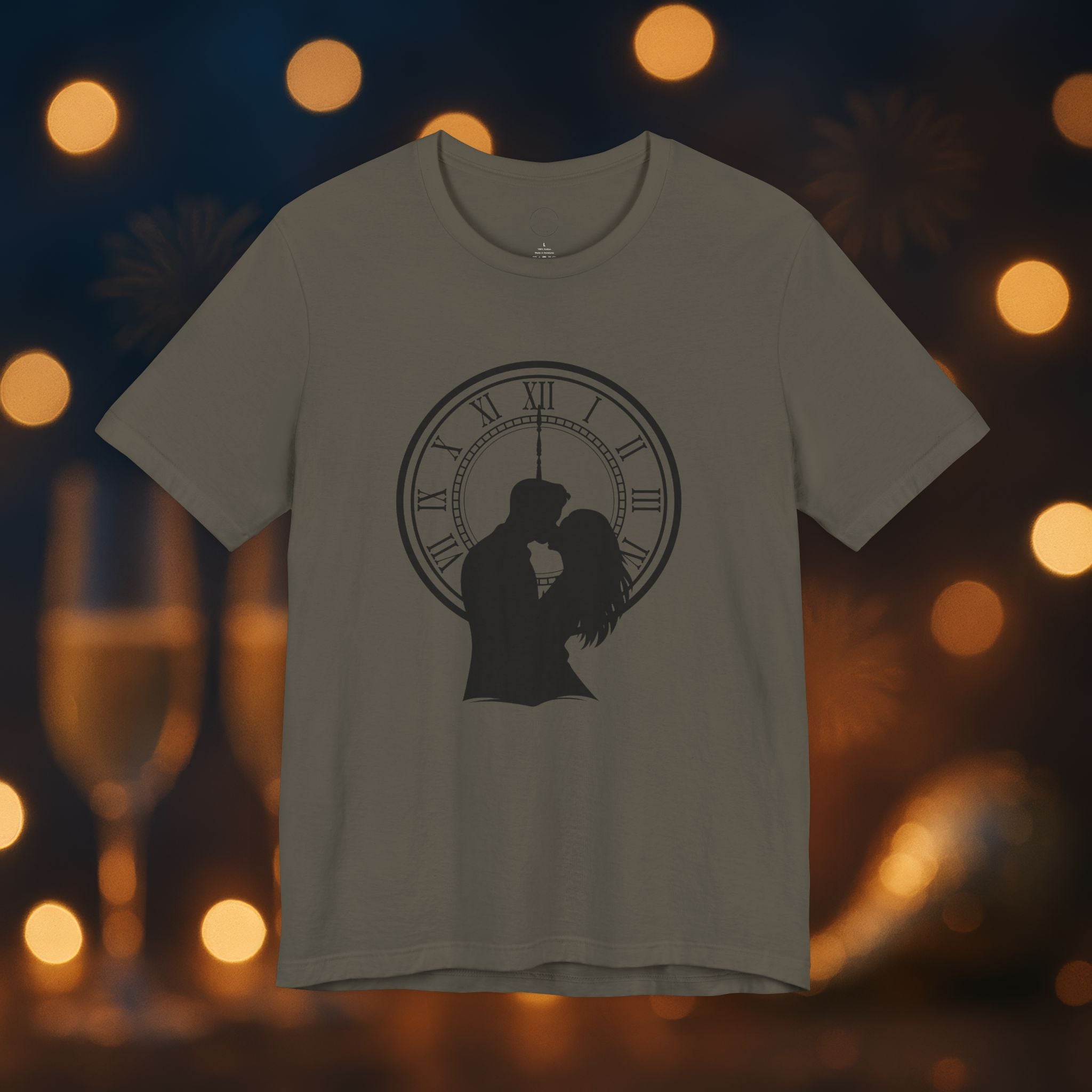 Midnight Kiss New Year’s Eve T-Shirt – Romantic Clock Silhouette Celebration Tee