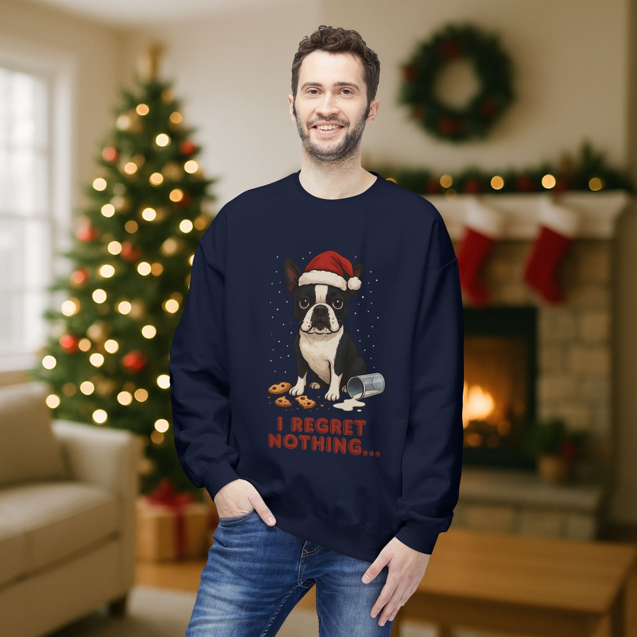 Boston Terrier “I Regret Nothing” Christmas Sweatshirt – Funny Holiday Dog Cookie Shirt