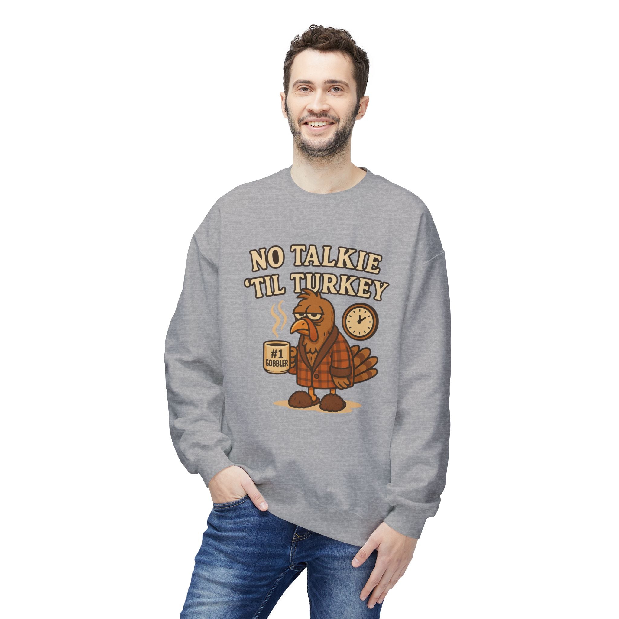 “No Talkie ‘Til Turkey” Funny Thanksgiving Coffee Sweatshirt