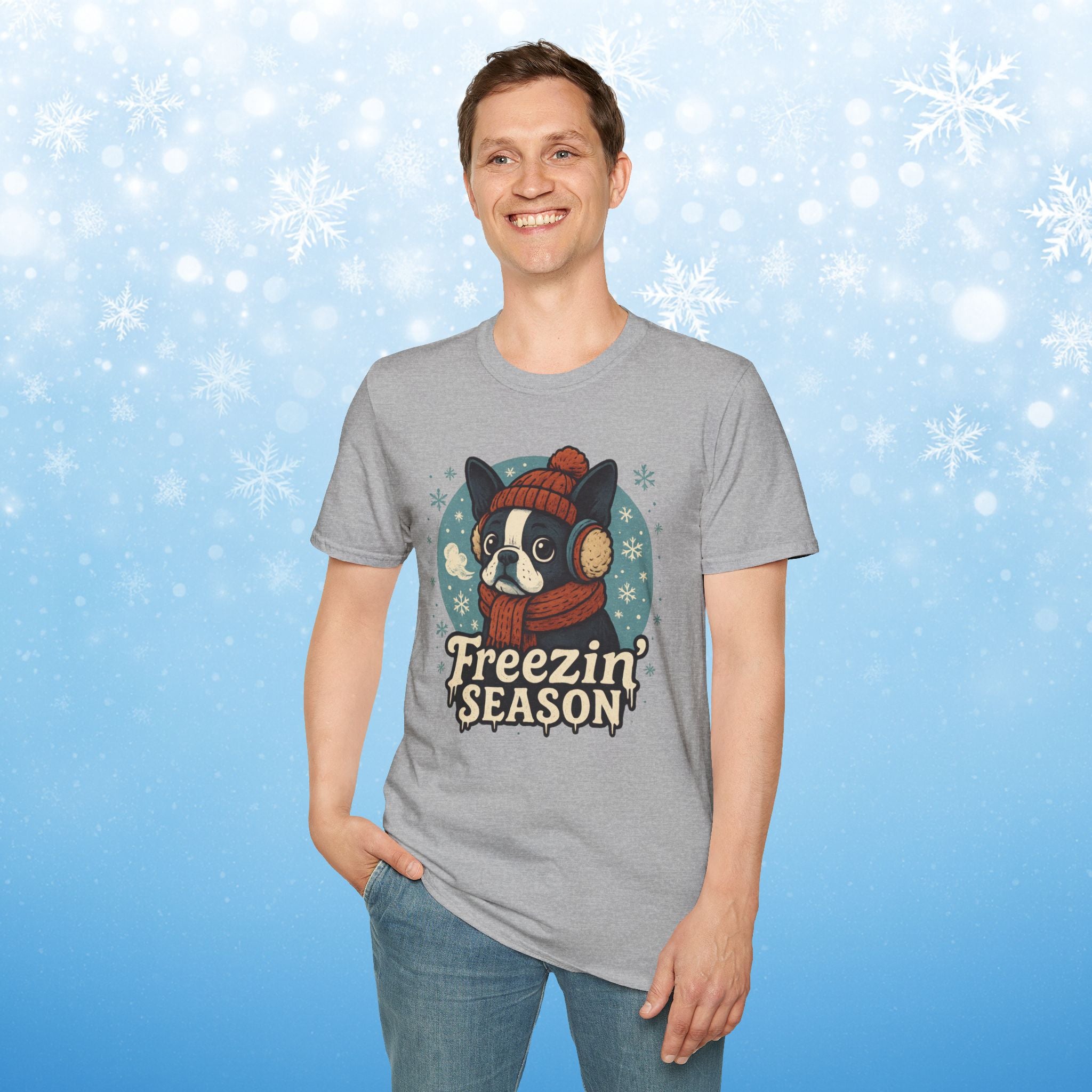 Freezin’ Season Boston Terrier Winter T-Shirt – Cute Dog Lover Tee, Cozy Holiday Graphic Shirt