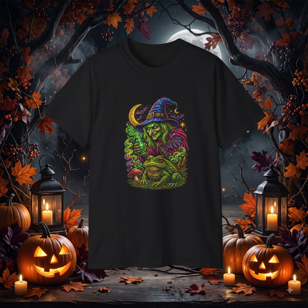 Neon Witch & Toad Halloween T-Shirt | Spooky Witchcraft Tee