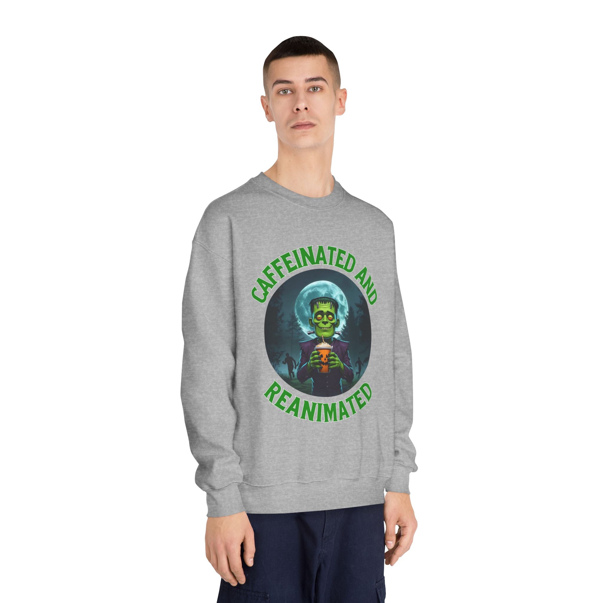 Caffeinated and Reanimated Frankenstein Halloween Sweatshirt (Unisex)
