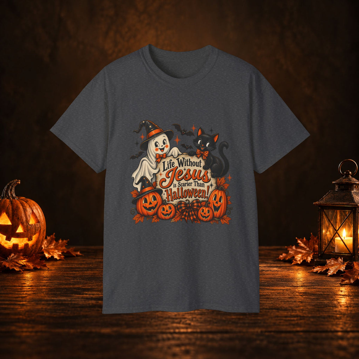 Halloween Christian T-Shirt — “Life Without Jesus Is Scary” Pumpkin & Cat Tee