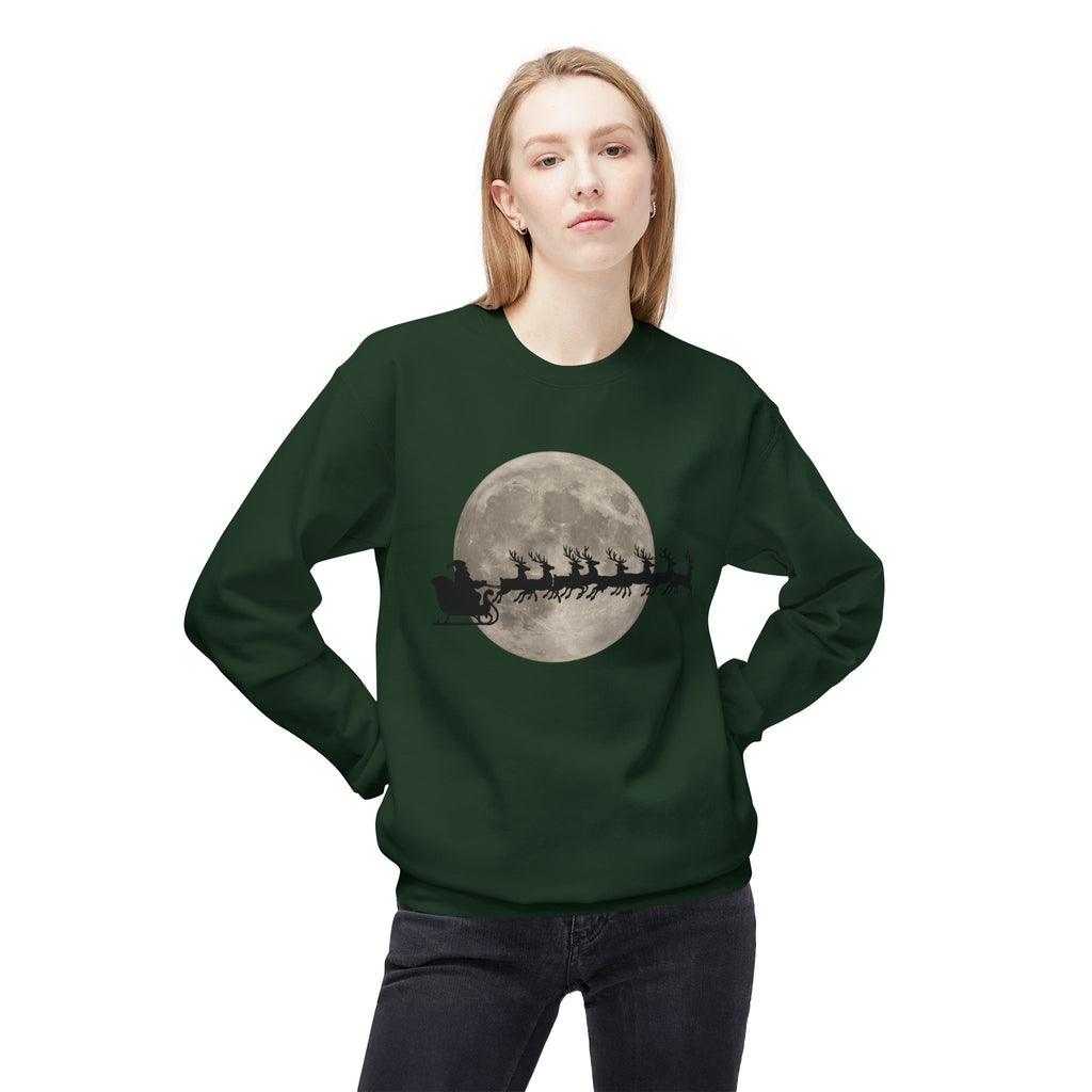 Silent Night Flight — Santa and Reindeer Full Moon Christmas Sweatshirt