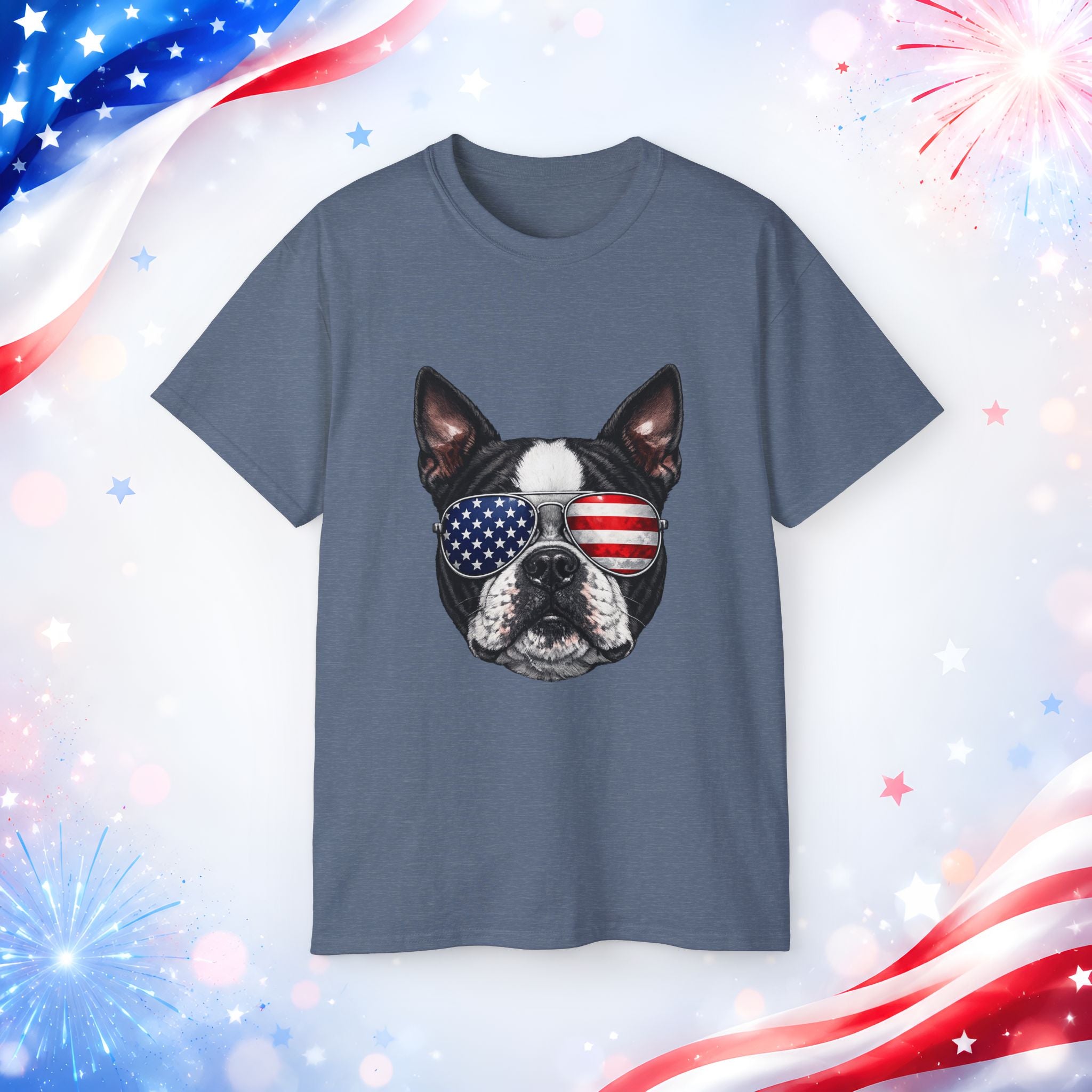 Patriotic Boston Terrier 4th of July T-Shirt | American Flag Dog Sunglasses Tee