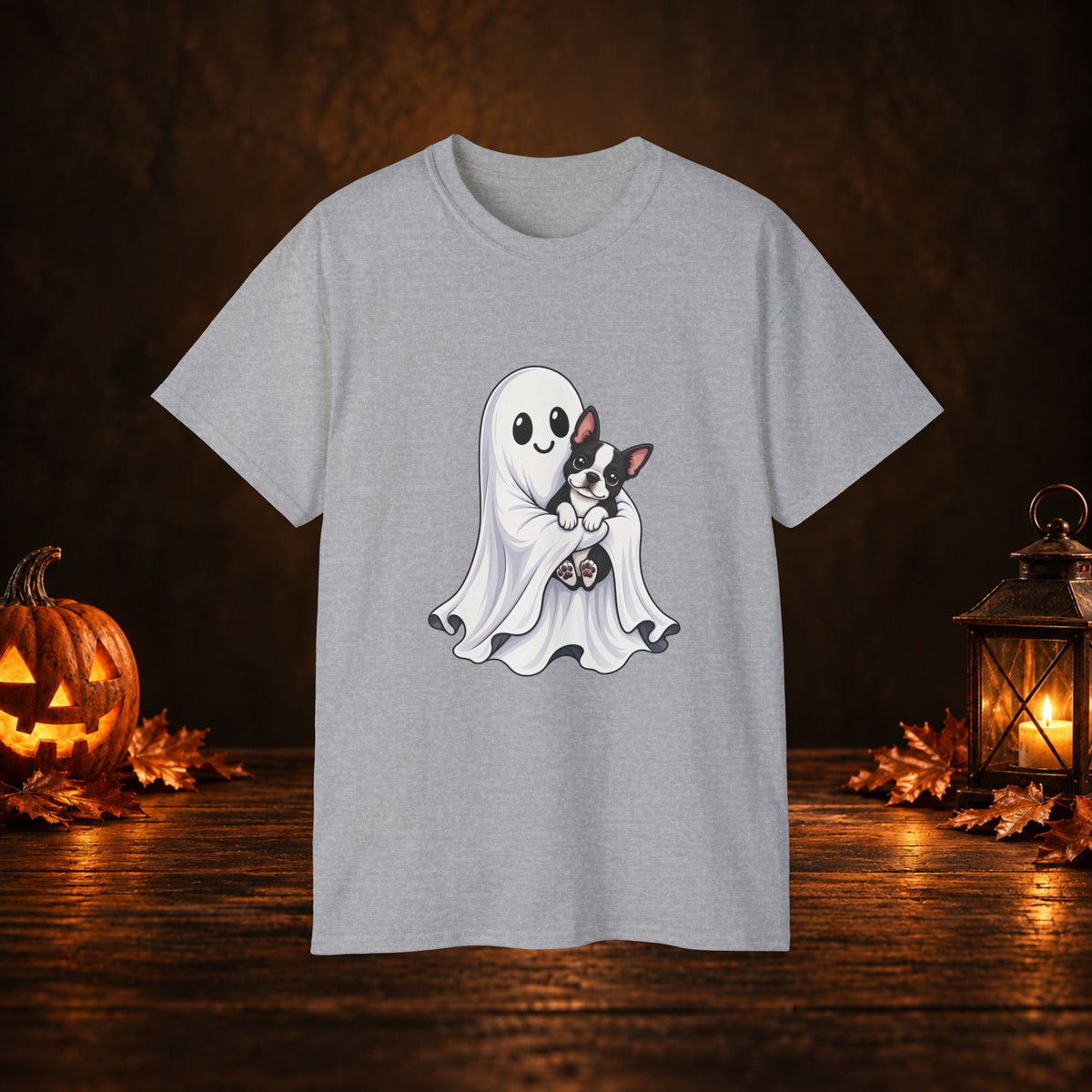 Cute Ghost & Boston Terrier Halloween T‑Shirt