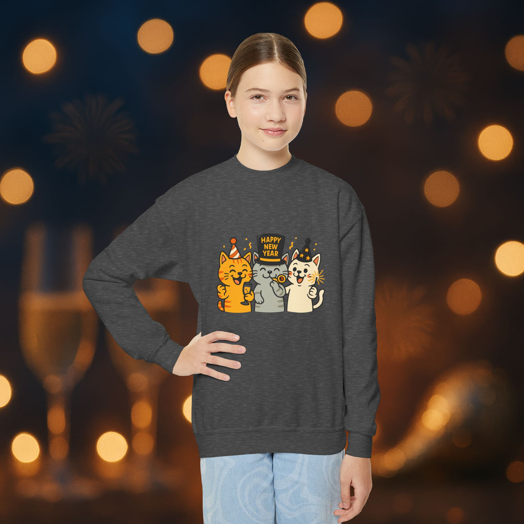 Happy New Year Cats Youth Crewneck Sweatshirt – Cute Party Cats Sweatshirt for Kids