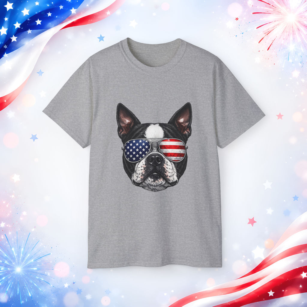 Patriotic Boston Terrier 4th of July T-Shirt | American Flag Dog Sunglasses Tee