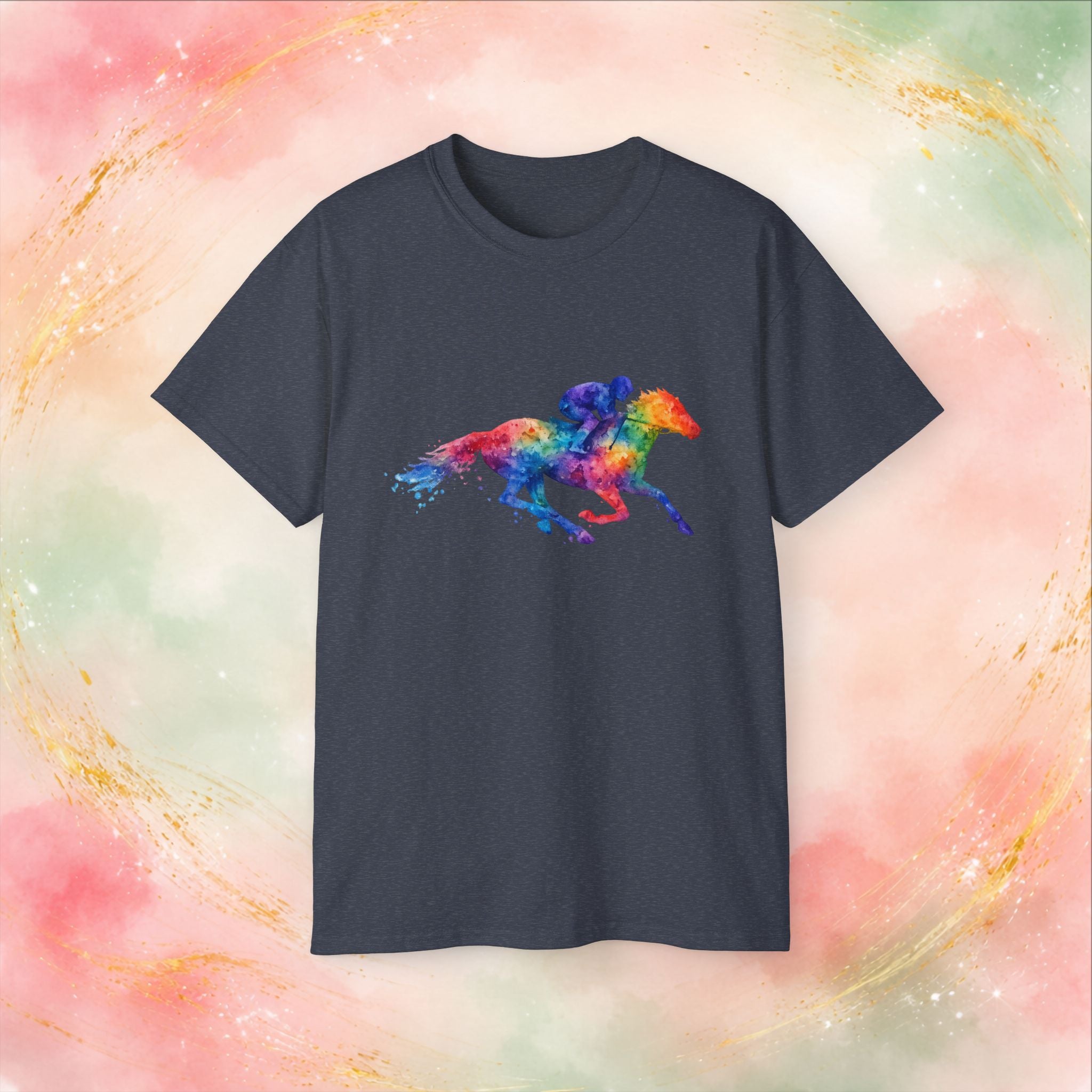Kentucky Derby Watercolor Horse & Jockey T-Shirt | Colorful Race Day Graphic Tee