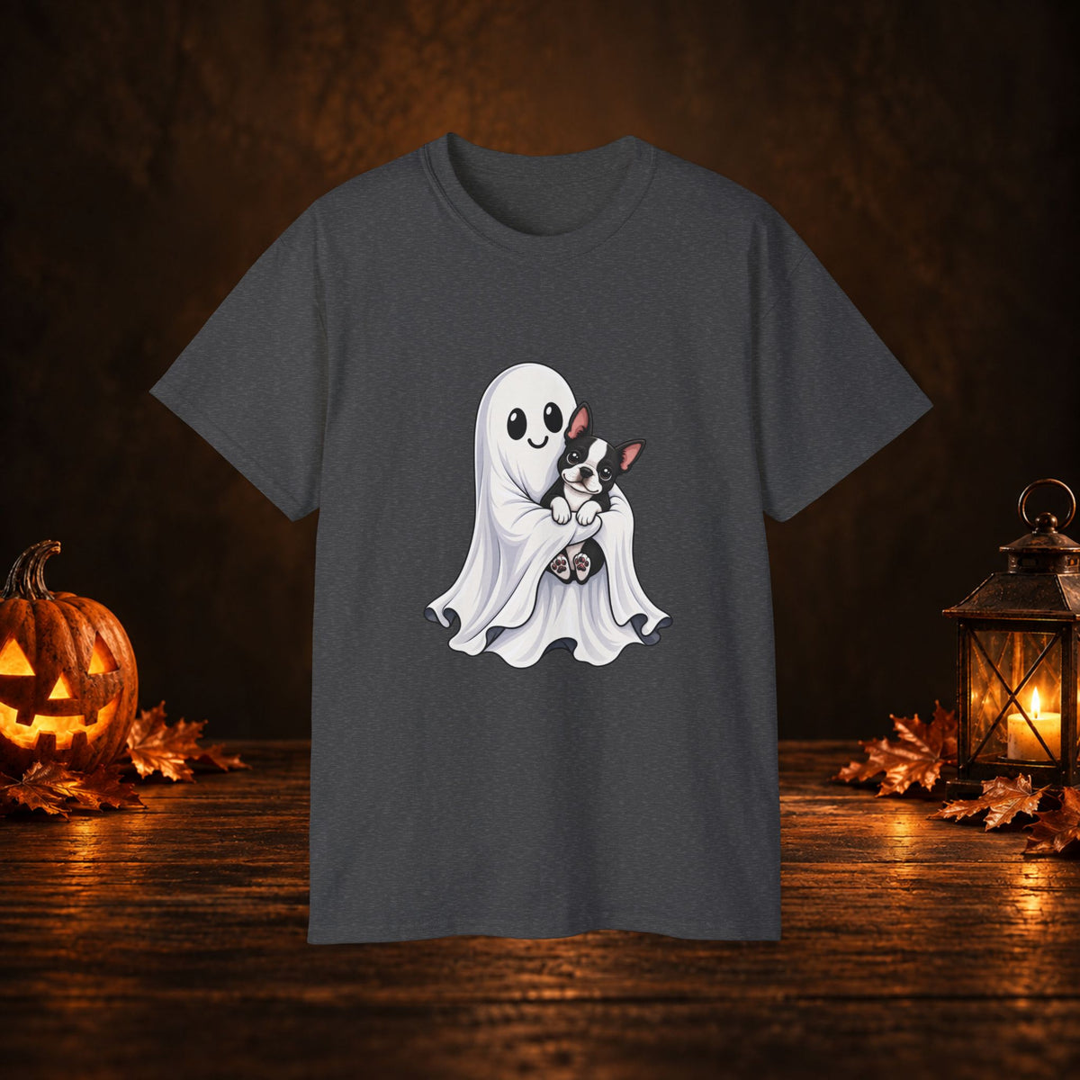 Cute Ghost & Boston Terrier Halloween T‑Shirt