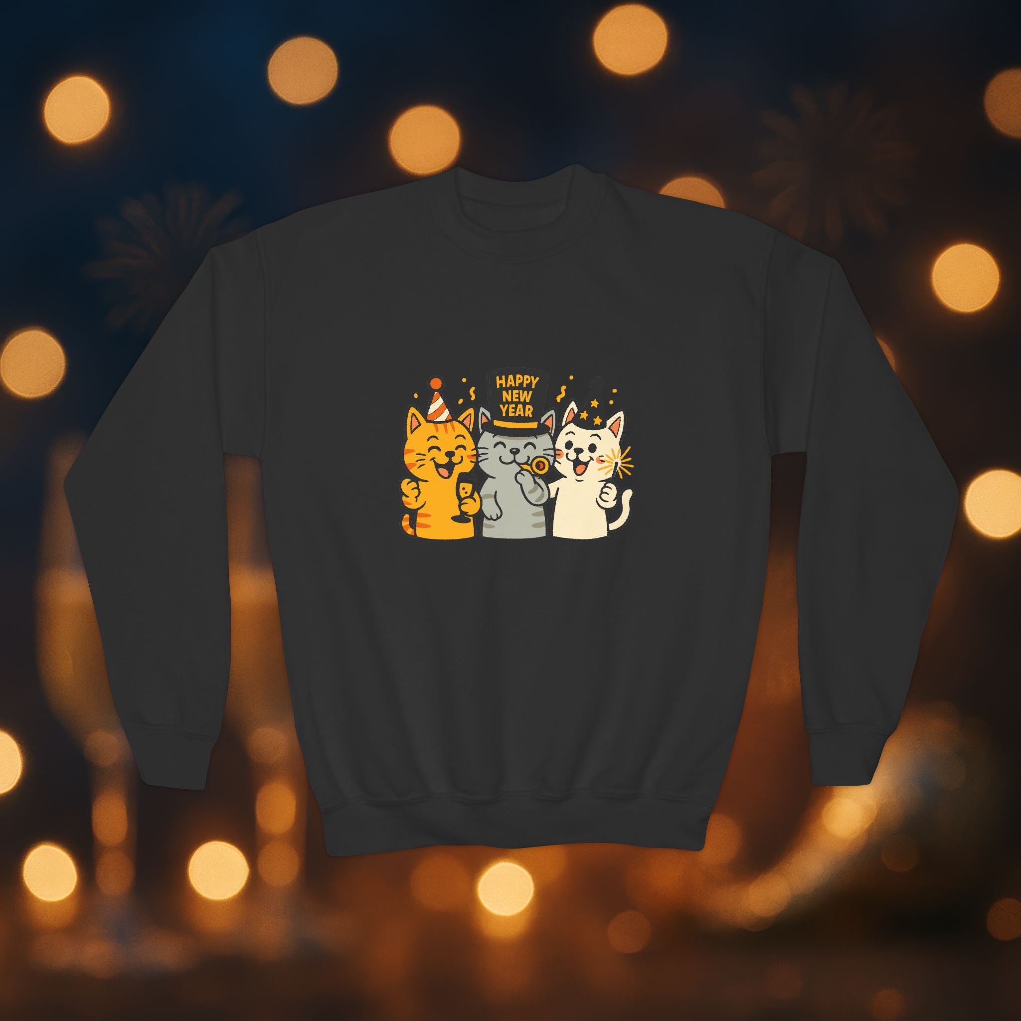 Happy New Year Cats Youth Crewneck Sweatshirt – Cute Party Cats Sweatshirt for Kids