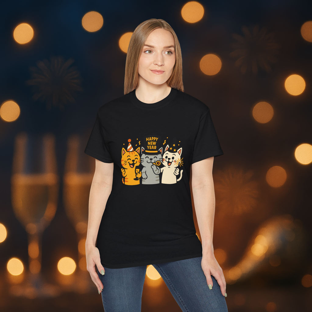 Happy New Year Cats T-Shirt – Cute Party Cats Tee | New Year’s Eve Cat Lover Shirt