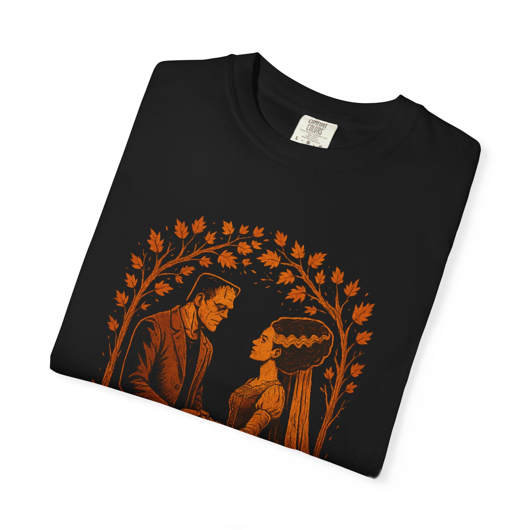 The Monster & The Bride, Vintage Halloween Couples T-Shirt, Spooky Apparel, Autumn Fashion, Fall Outfits, Pumpkin Shirt, Wedding Gift, Unisex Tee