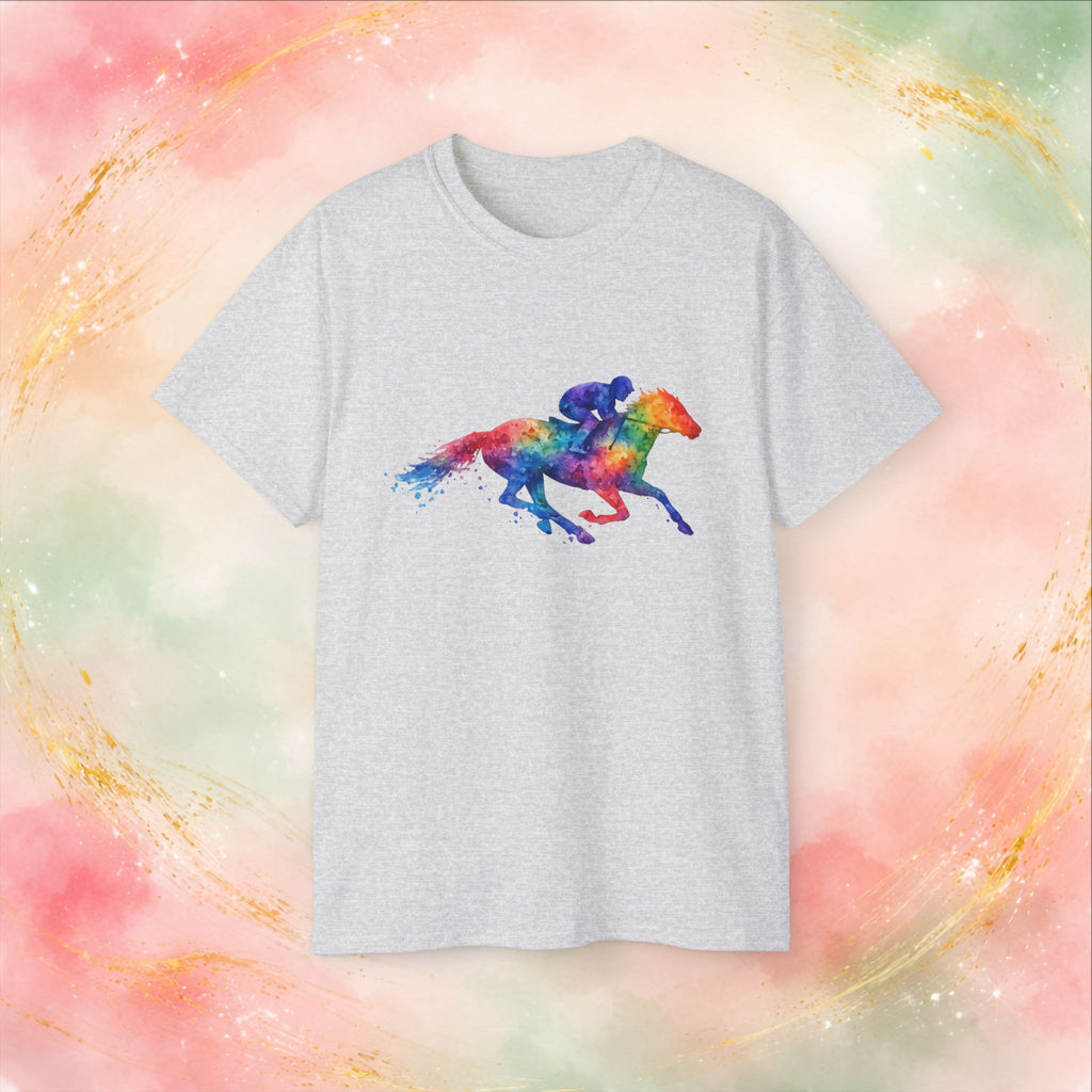 Kentucky Derby Watercolor Horse & Jockey T-Shirt | Colorful Race Day Graphic Tee