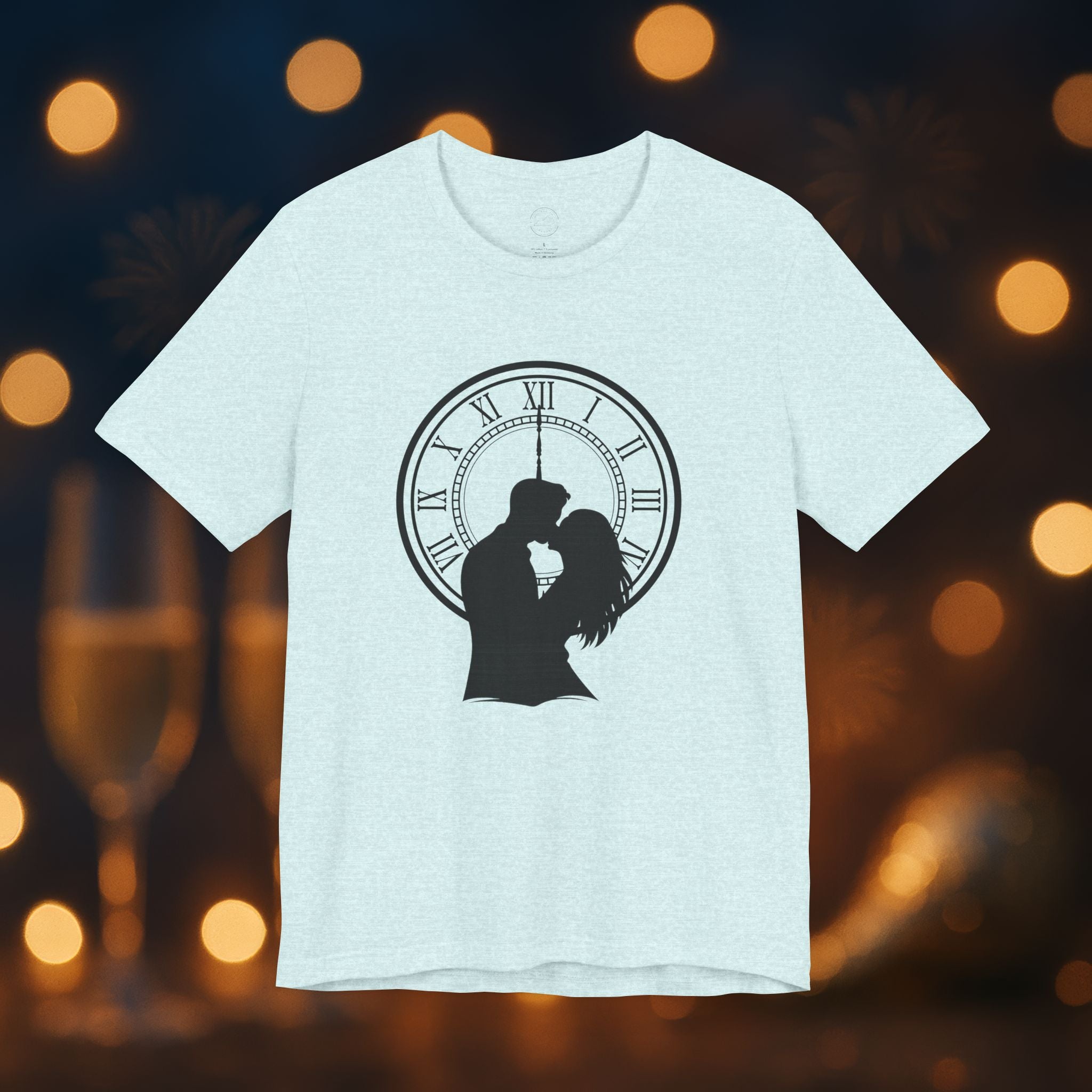 Midnight Kiss New Year’s Eve T-Shirt – Romantic Clock Silhouette Celebration Tee