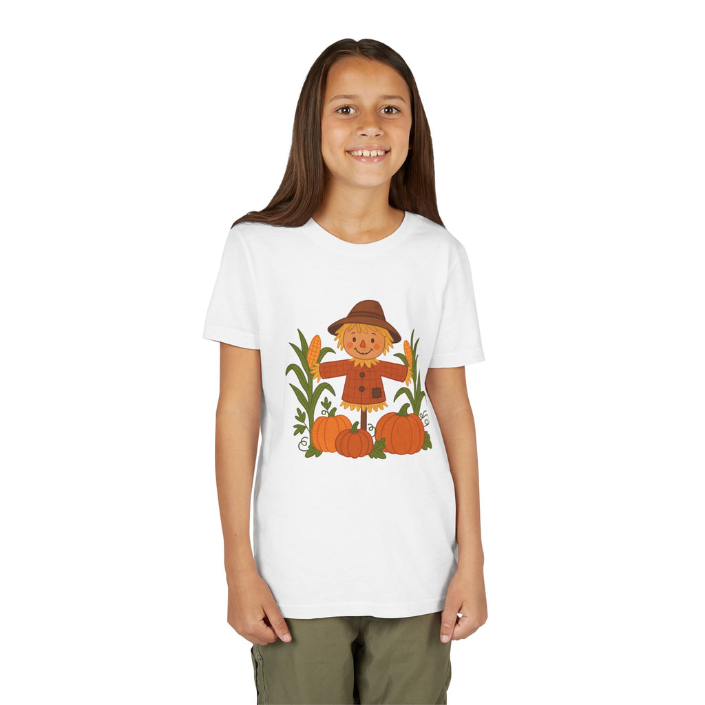 🍂 Cute Fall Scarecrow Kids T-Shirt – Autumn Pumpkins & Corn Patch Design