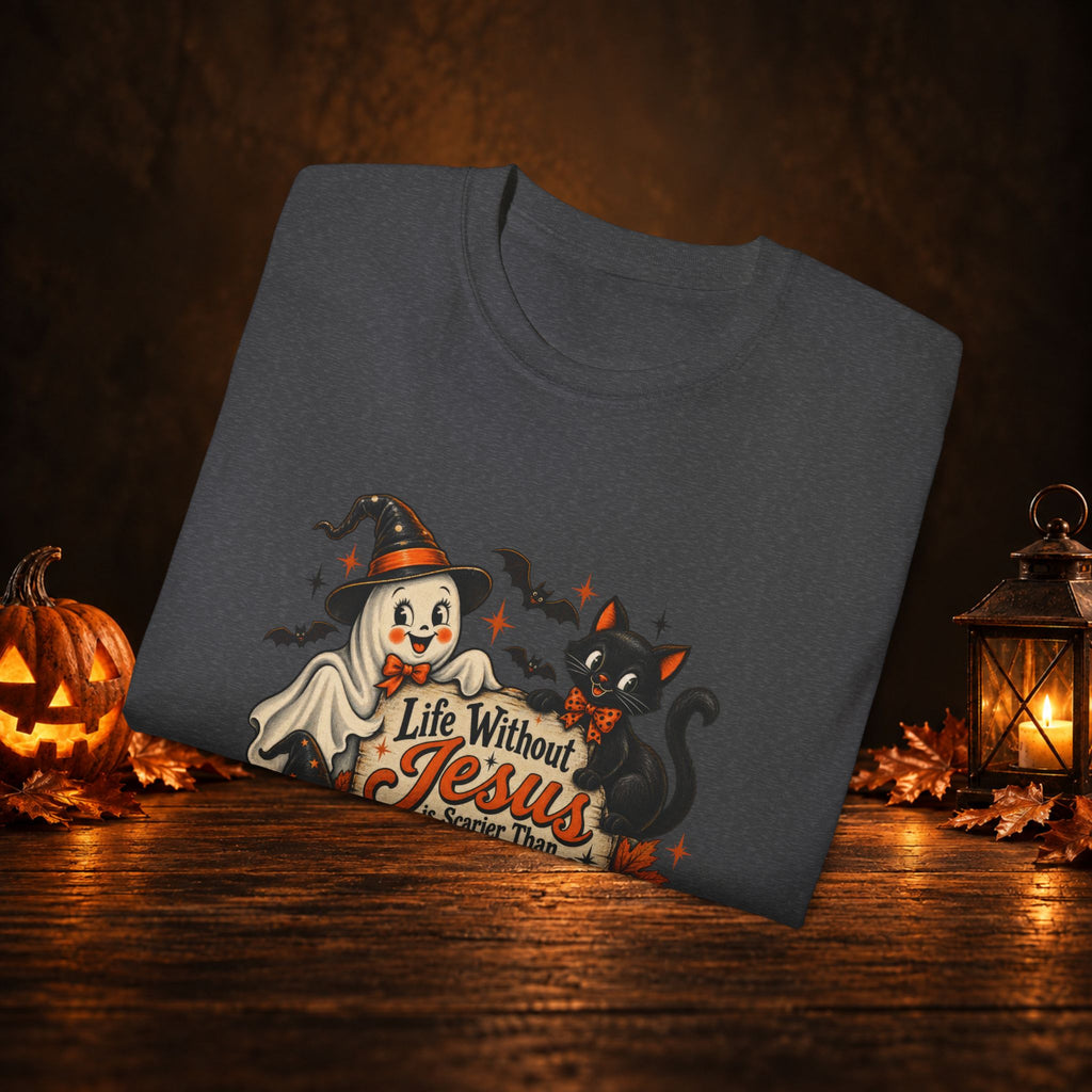 Halloween Christian T-Shirt — “Life Without Jesus Is Scary” Pumpkin & Cat Tee