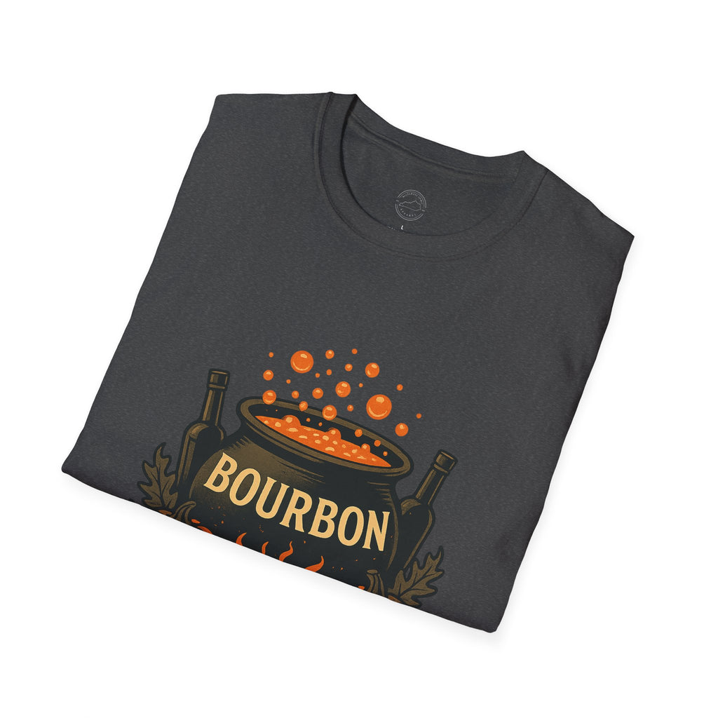 Halloween Bourbon Cauldron T-Shirt – Spooky Pumpkin & Whiskey Glass Design
